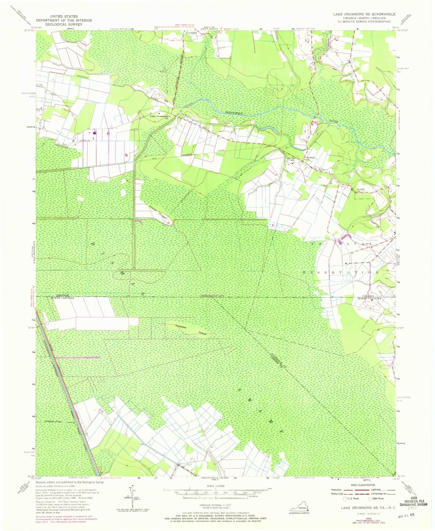 Classic USGS Lake Drummond SE Virginia 7.5'x7.5' Topo Map Image