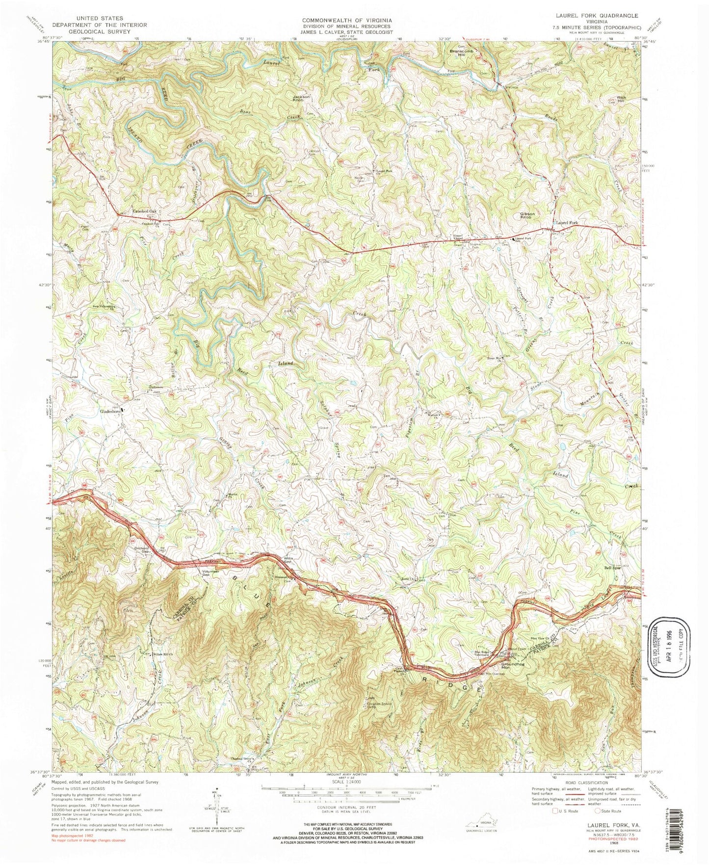 Classic USGS Laurel Fork Virginia 7.5'x7.5' Topo Map Image