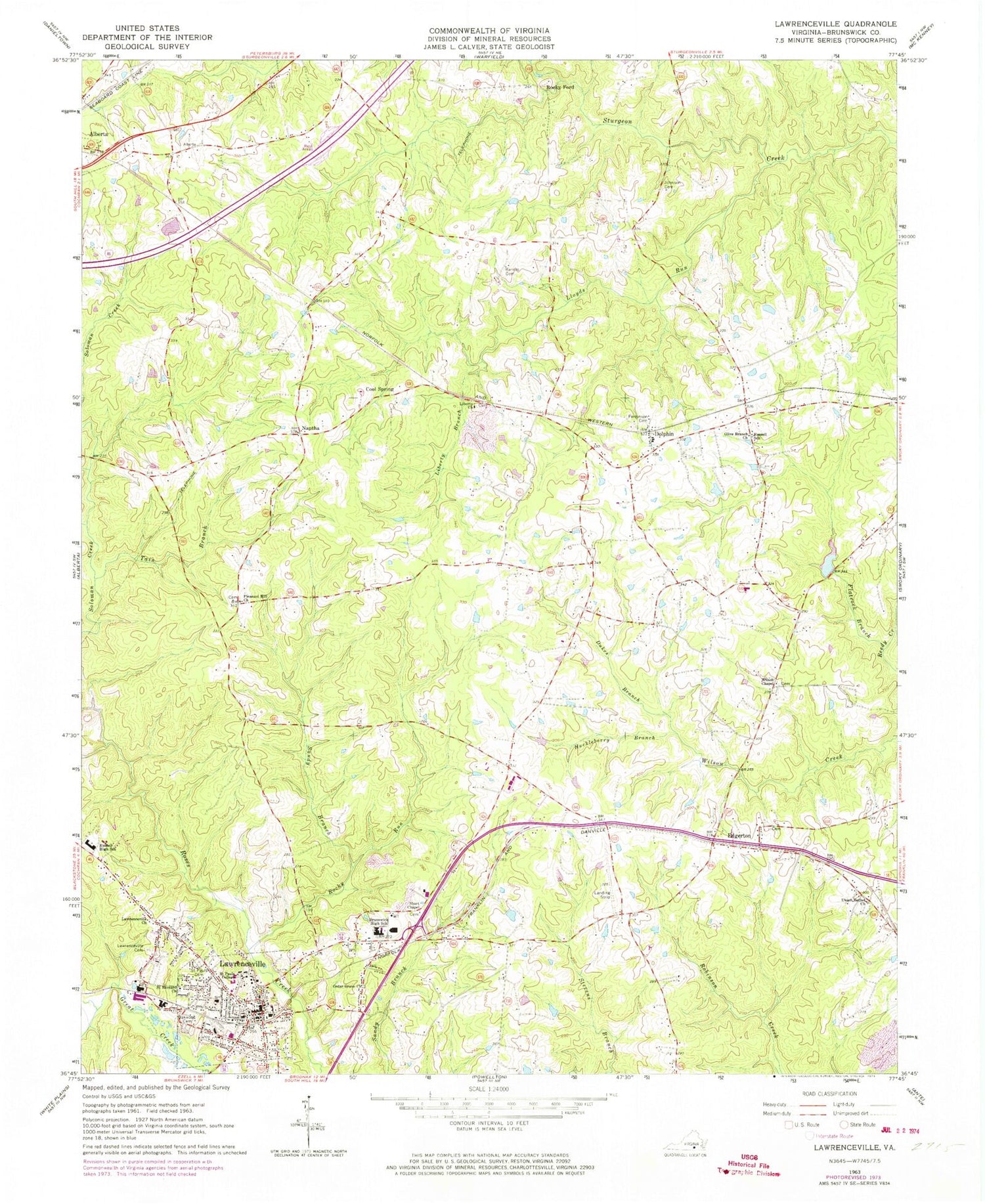 Classic USGS Lawrenceville Virginia 7.5'x7.5' Topo Map Image
