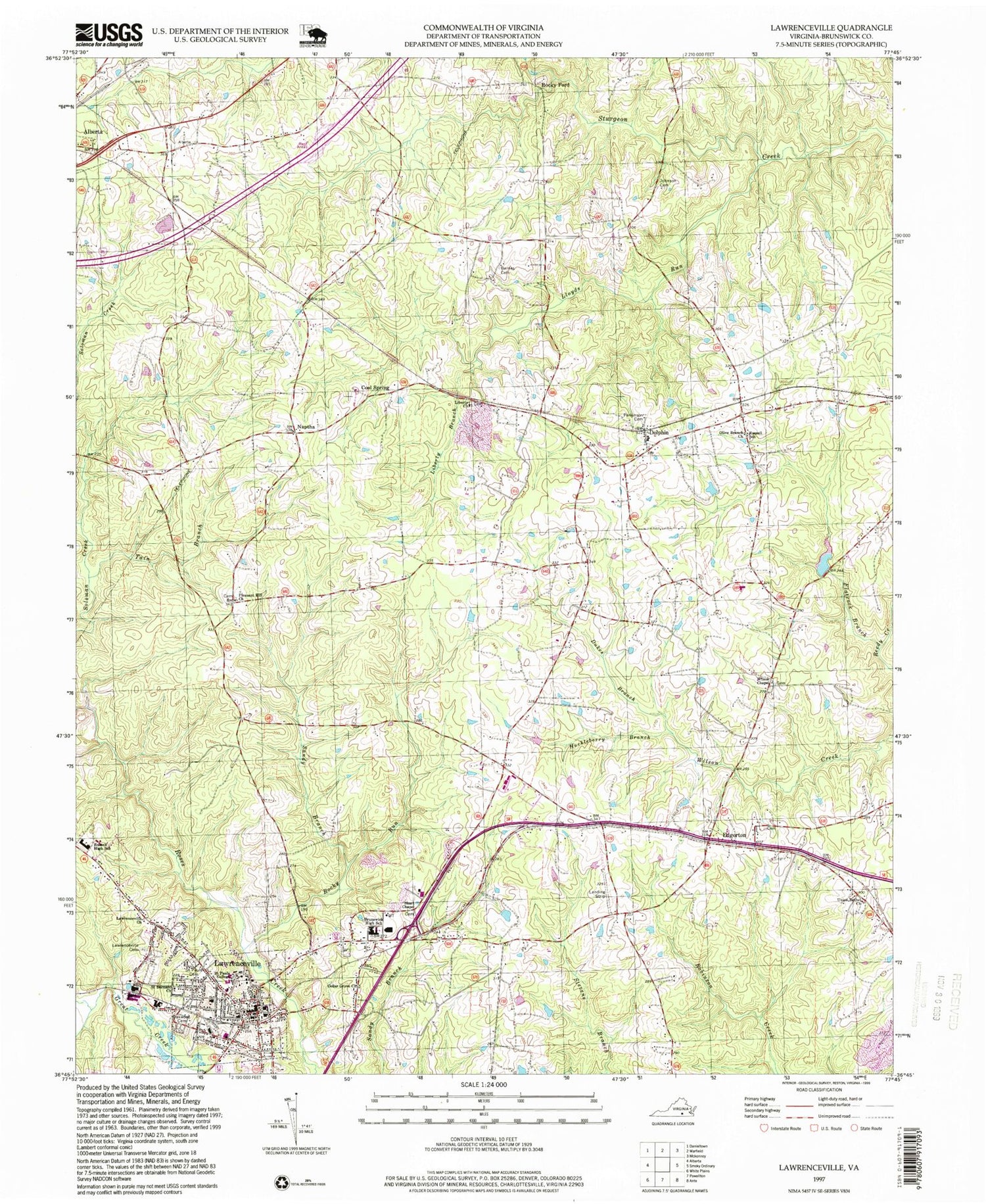 Classic USGS Lawrenceville Virginia 7.5'x7.5' Topo Map Image