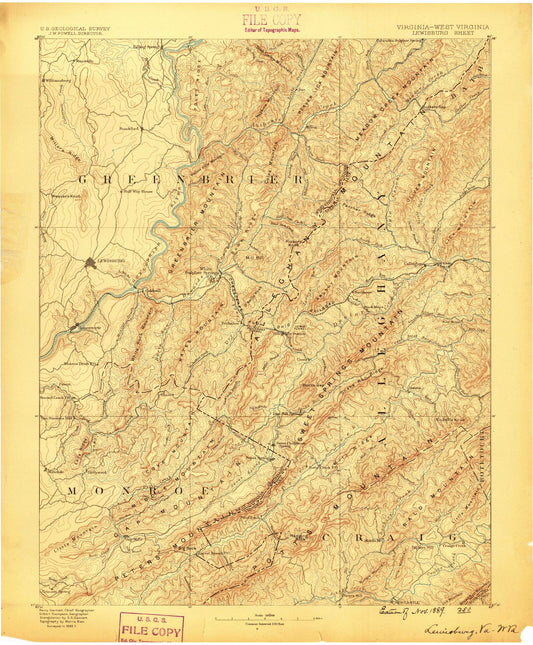 Historic 1887 Lewisburg West Virginia 30'x30' Topo Map Image