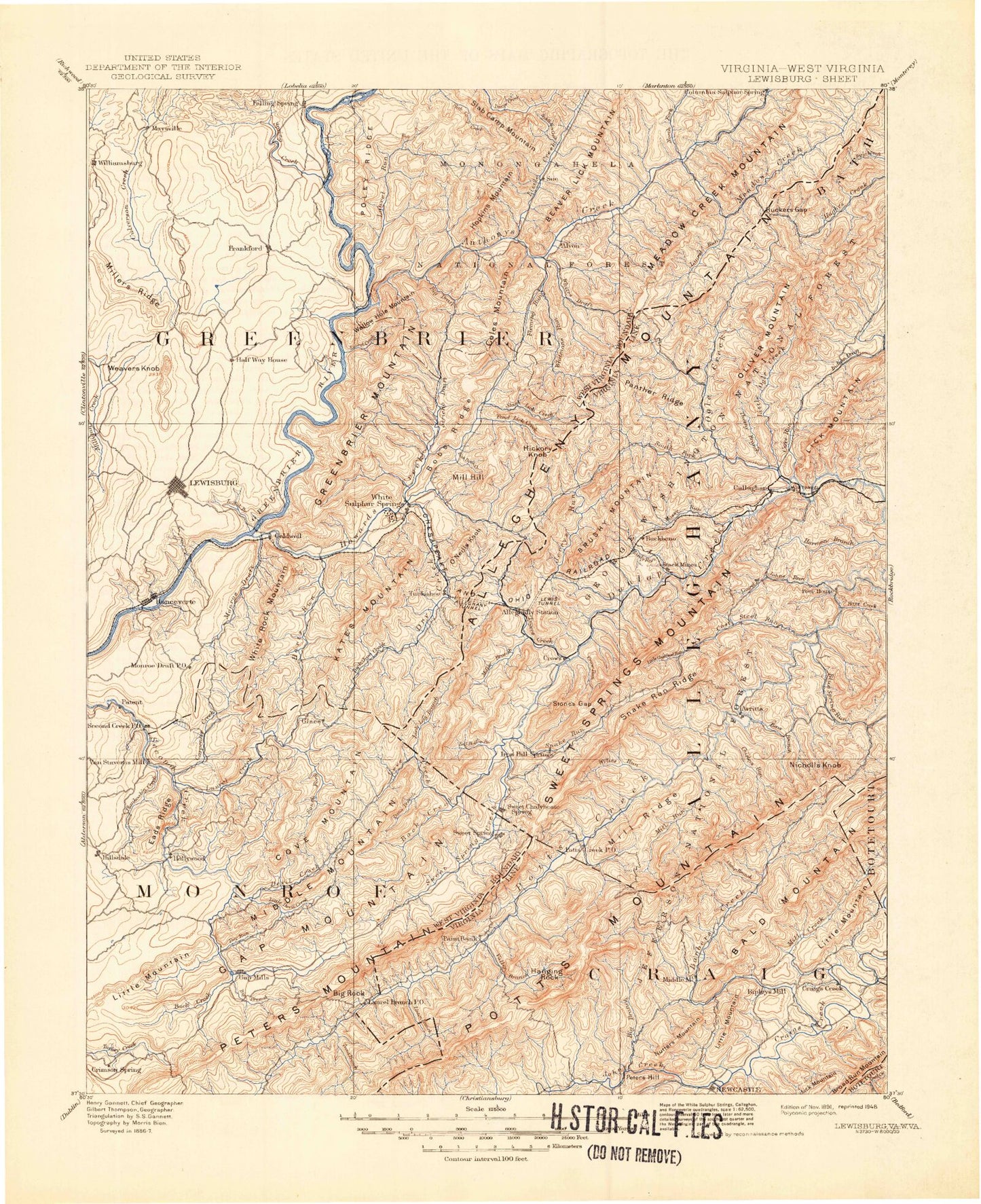 Historic 1891 Lewisburg West Virginia 30'x30' Topo Map Image