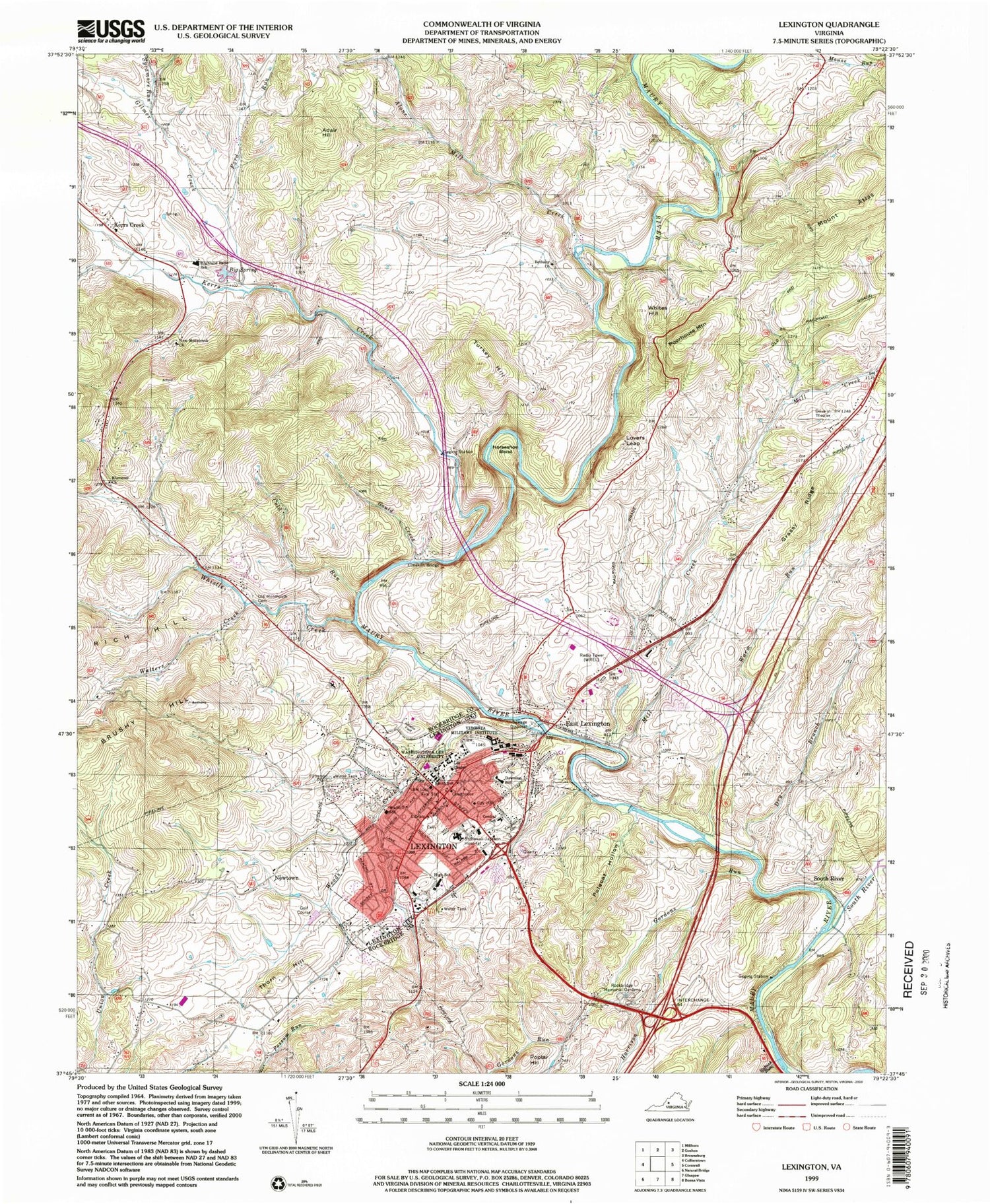Classic USGS Lexington Virginia 7.5'x7.5' Topo Map Image