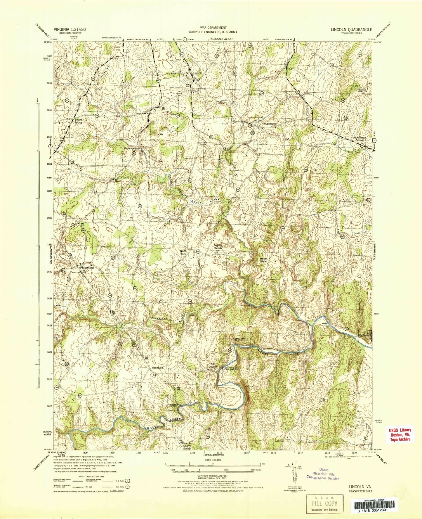 Classic USGS Lincoln Virginia 7.5'x7.5' Topo Map Image