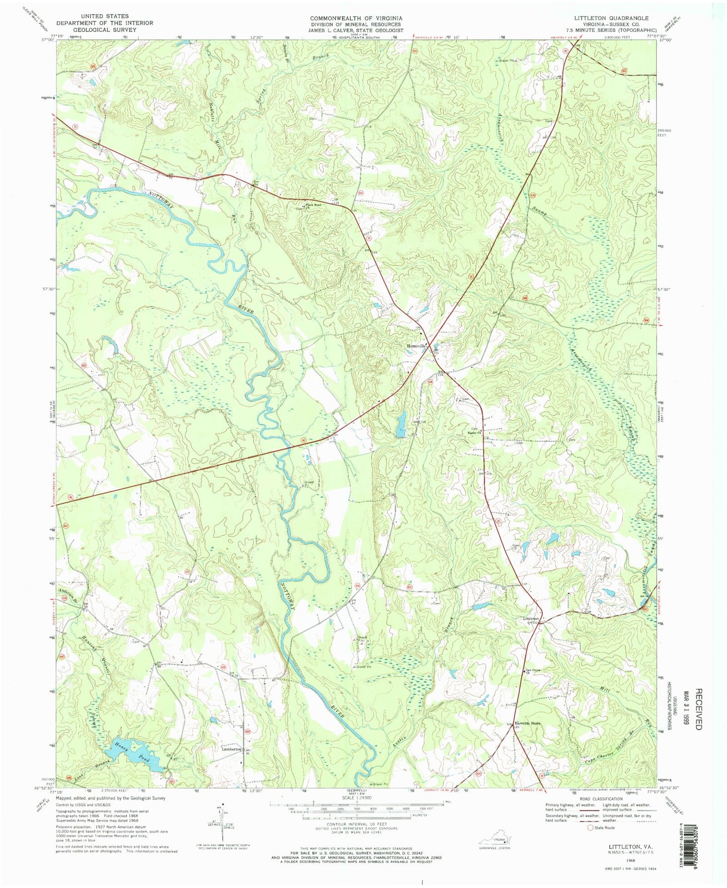 Classic USGS Littleton Virginia 7.5'x7.5' Topo Map Image