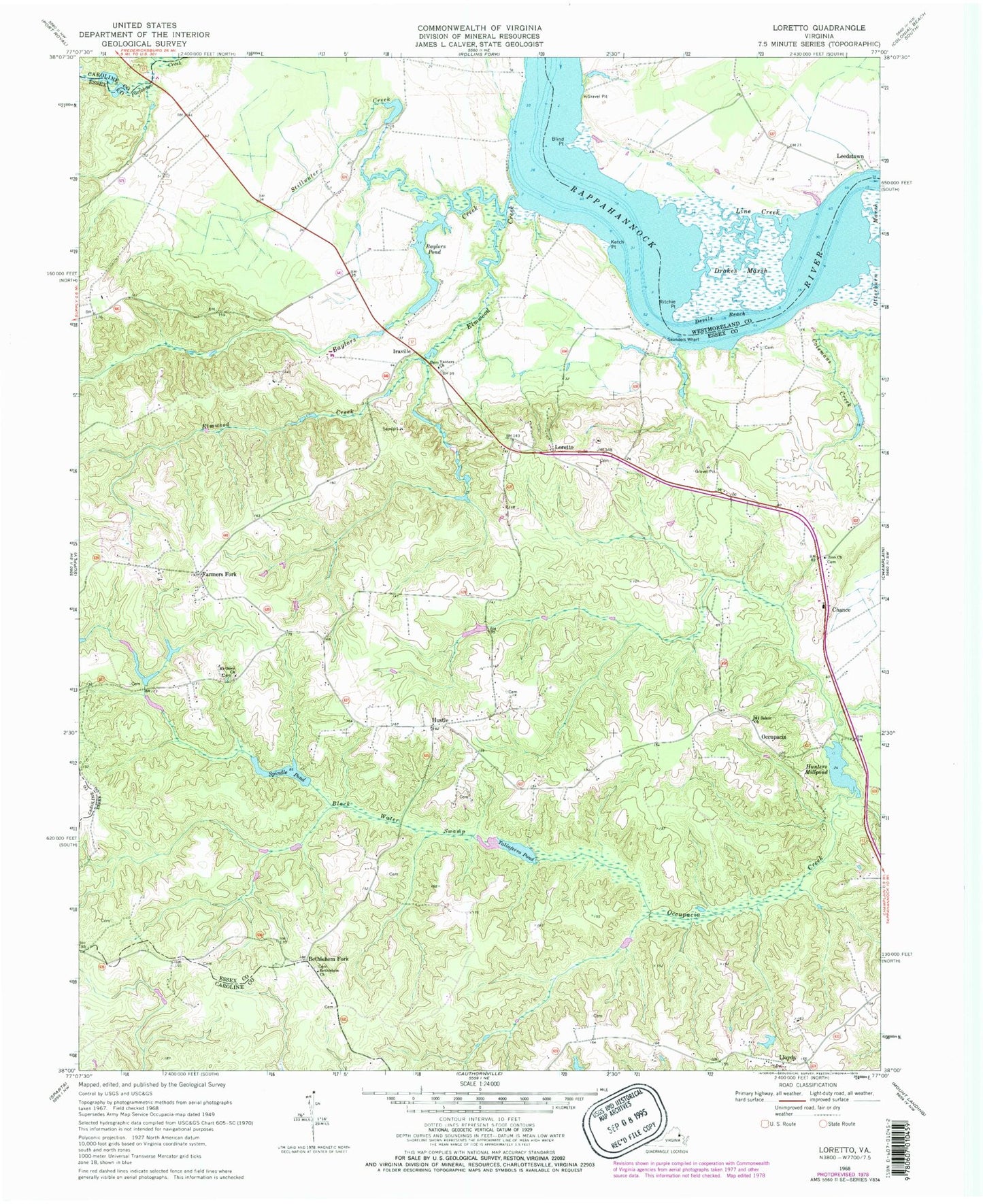 Classic USGS Loretto Virginia 7.5'x7.5' Topo Map Image