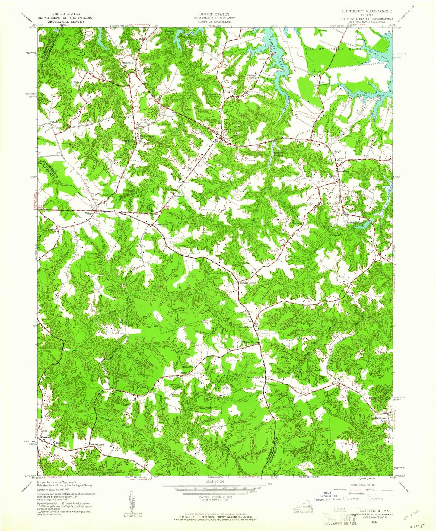 Classic USGS Lottsburg Virginia 7.5'x7.5' Topo Map Image