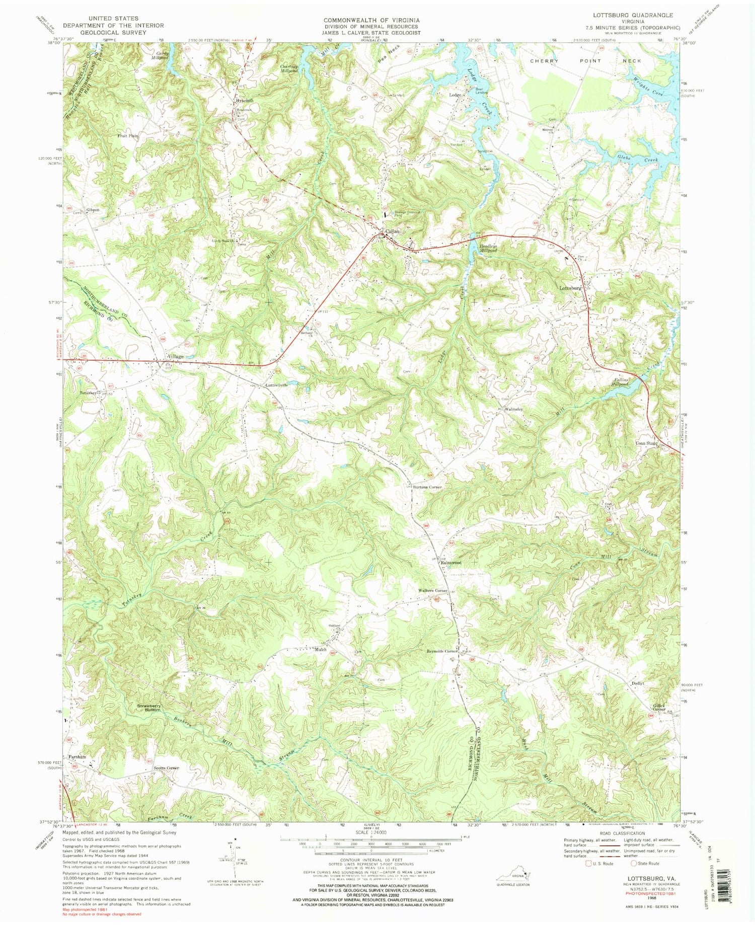 Classic USGS Lottsburg Virginia 7.5'x7.5' Topo Map Image