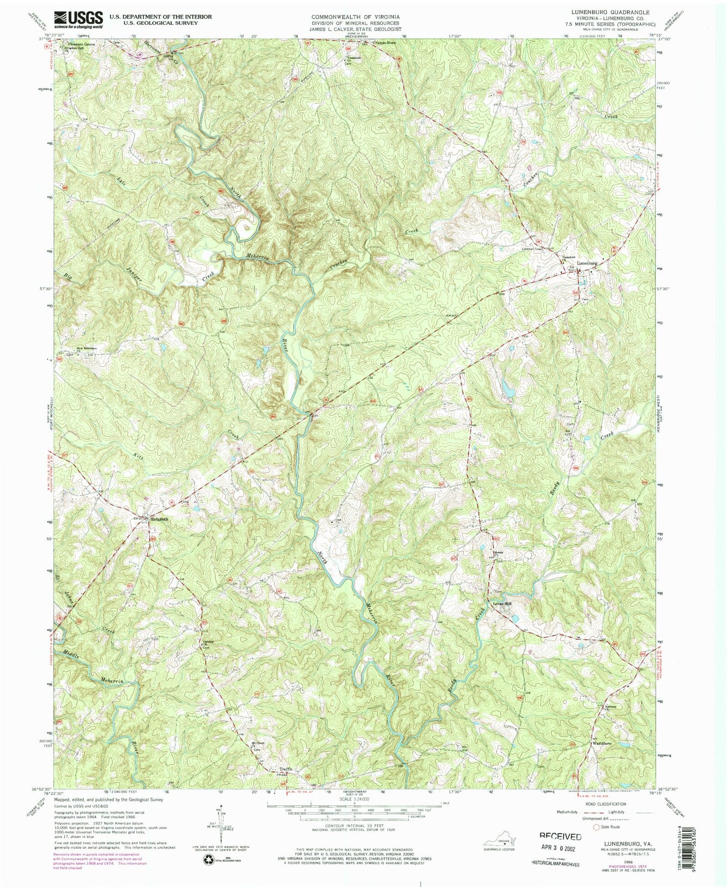 Classic USGS Lunenburg Virginia 7.5'x7.5' Topo Map Image