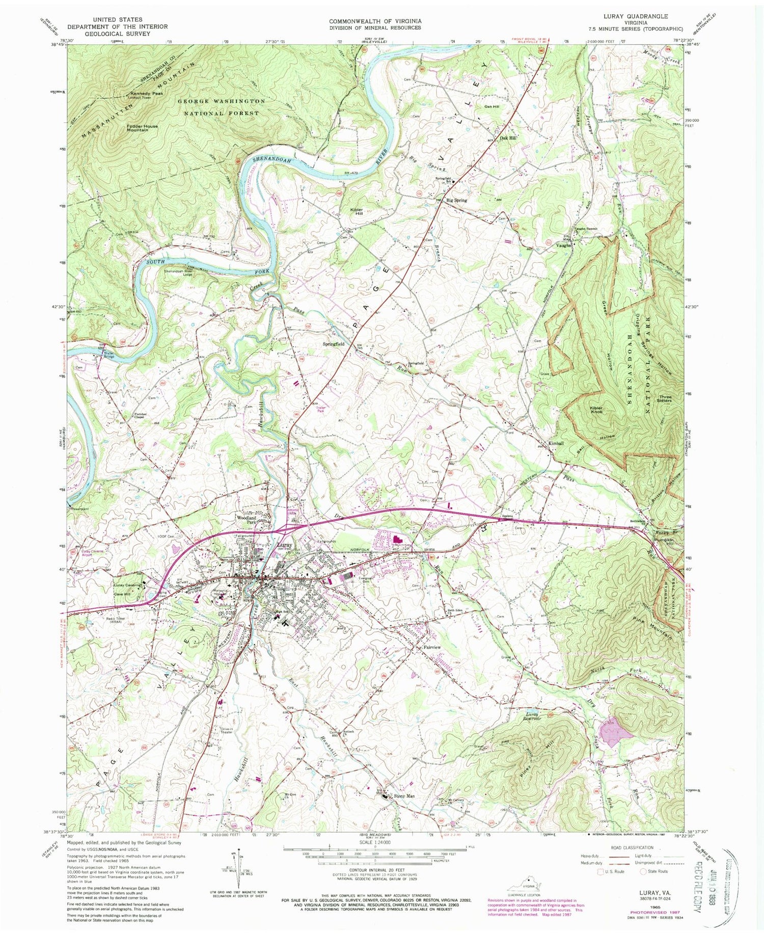 Classic USGS Luray Virginia 7.5'x7.5' Topo Map Image