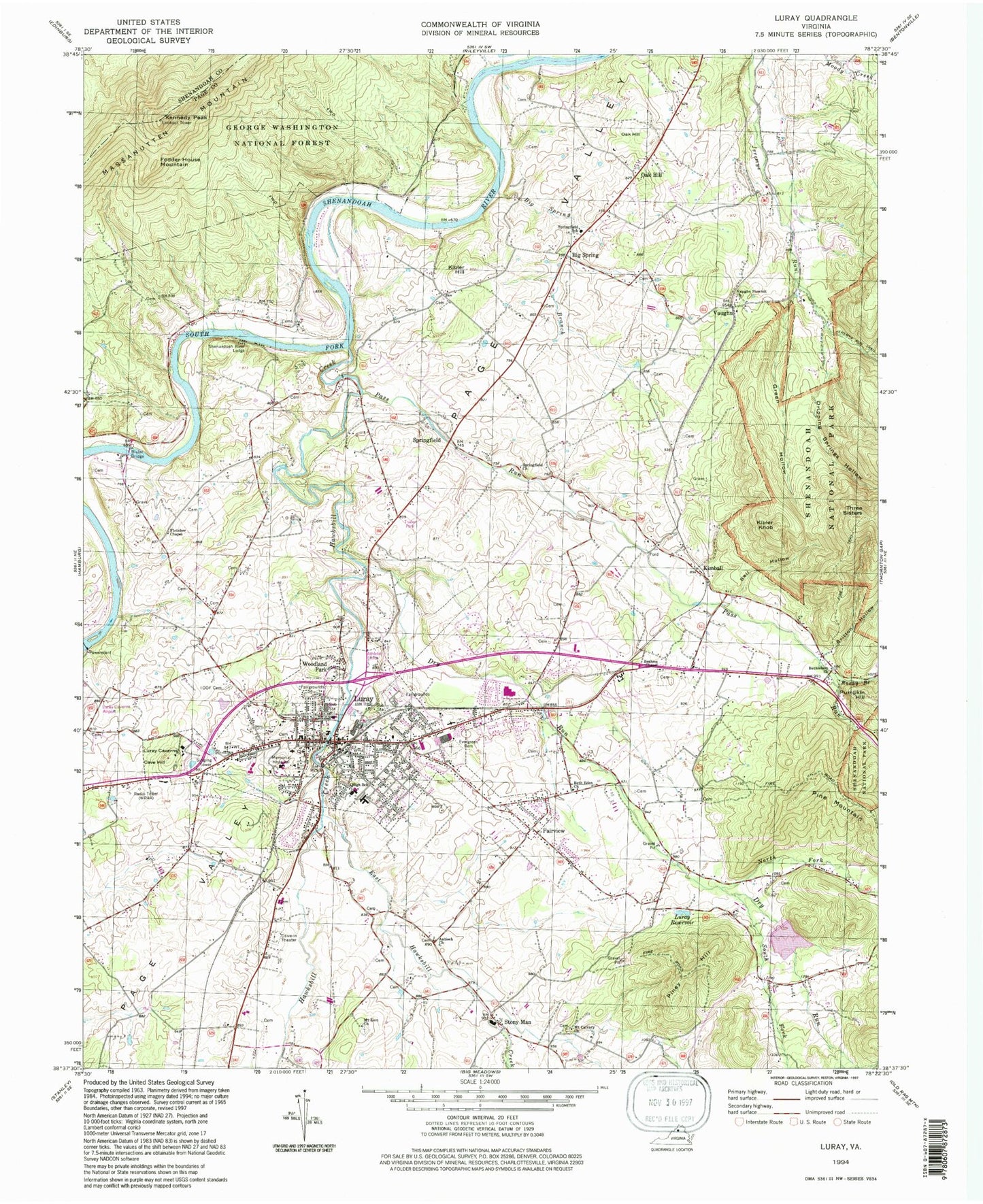 Classic USGS Luray Virginia 7.5'x7.5' Topo Map Image