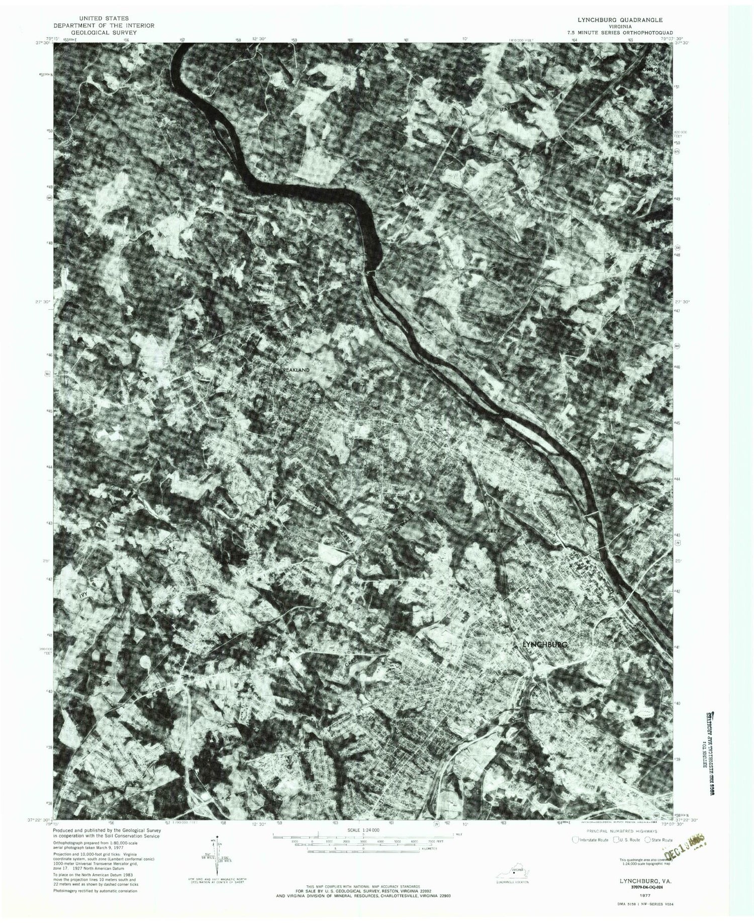 Classic USGS Lynchburg Virginia 7.5'x7.5' Topo Map Image