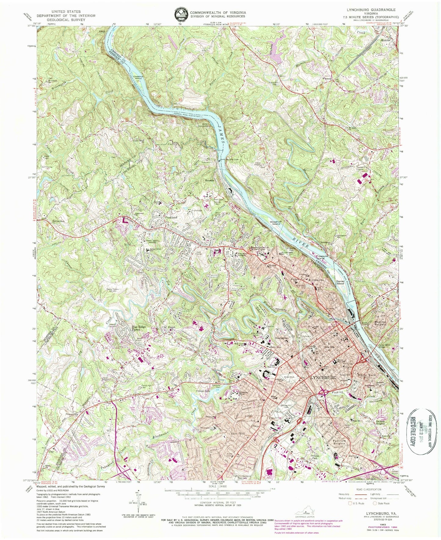 Classic USGS Lynchburg Virginia 7.5'x7.5' Topo Map Image