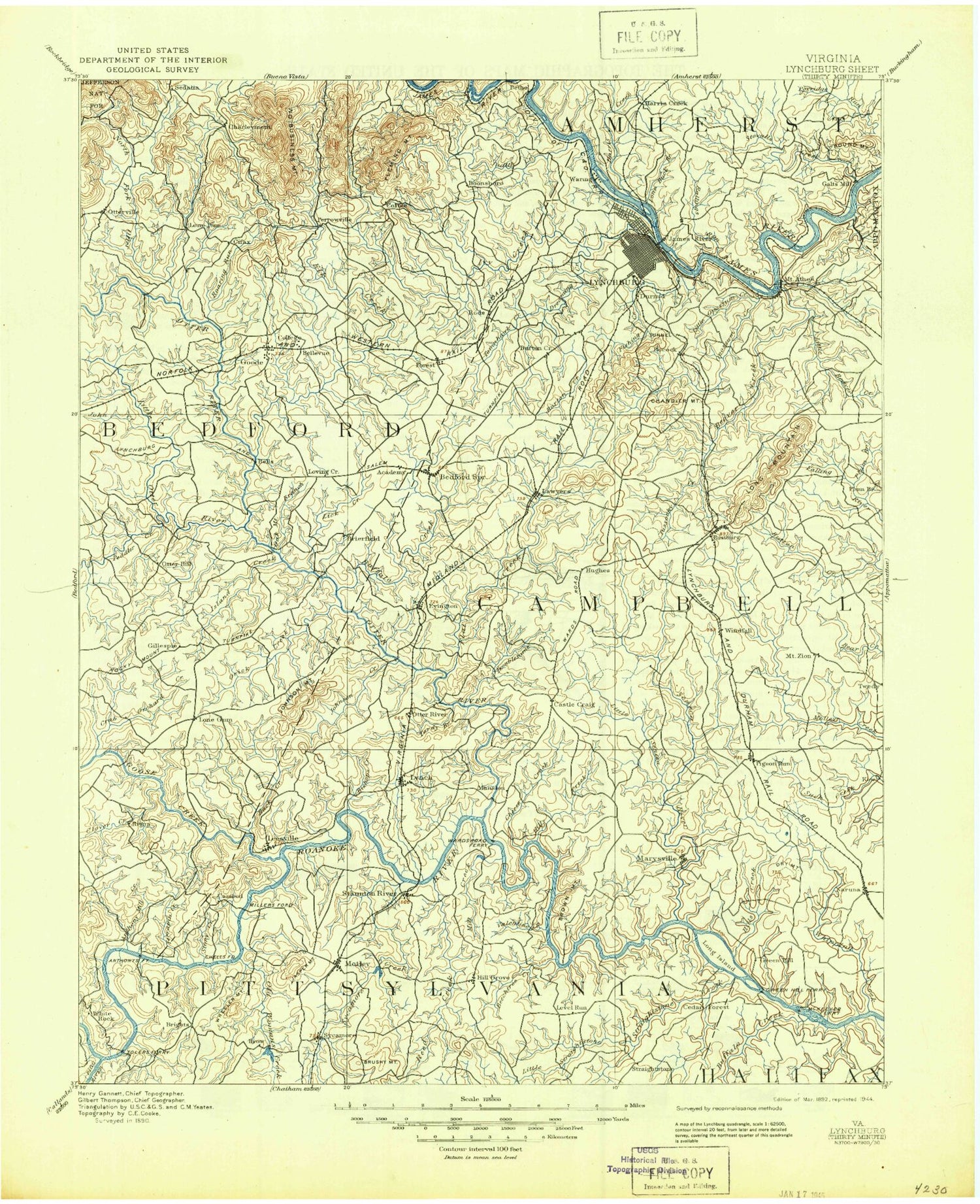 Historic 1892 Lynchburg Virginia 30'x30' Topo Map Image