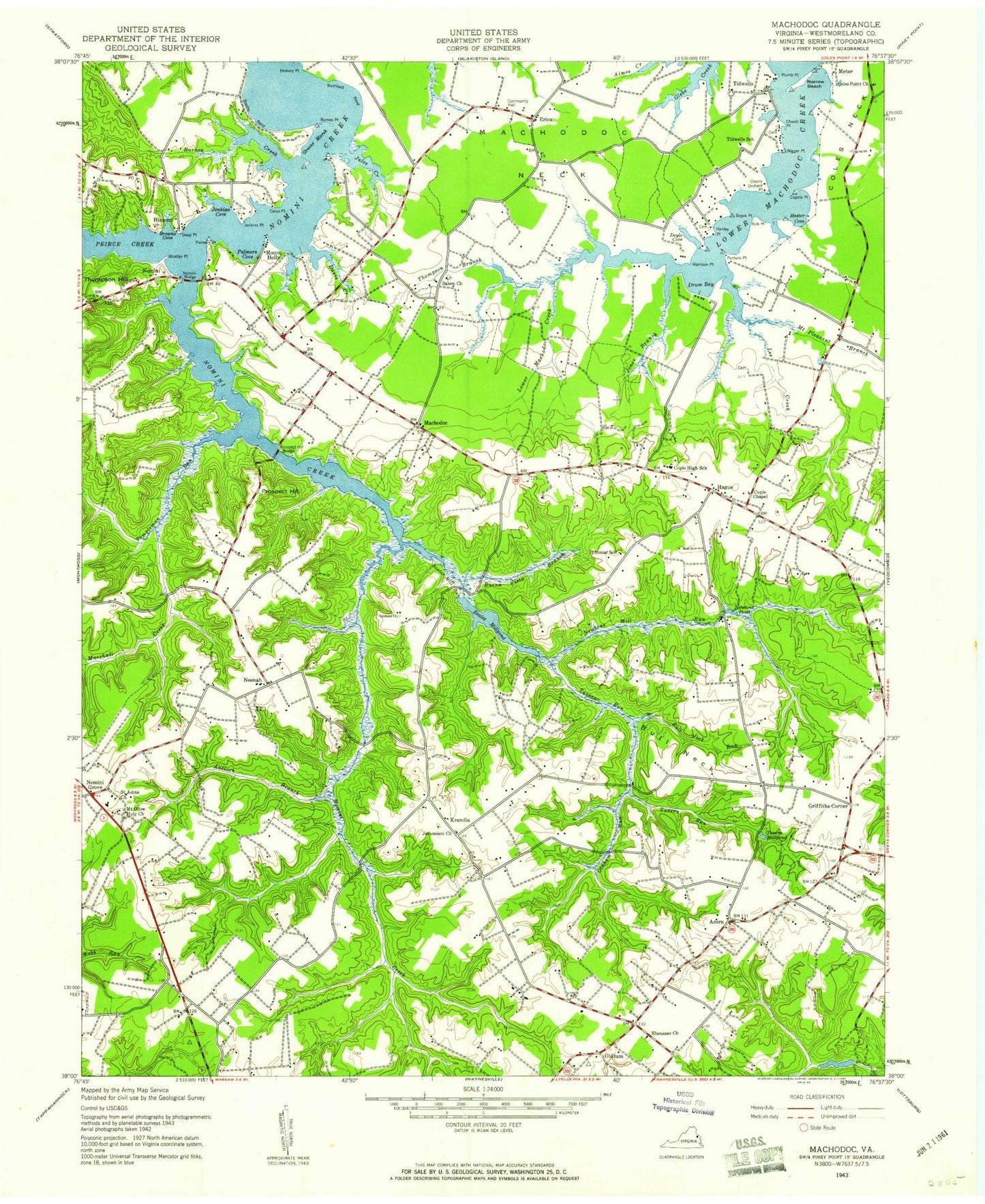 Classic USGS Machodoc Virginia 7.5'x7.5' Topo Map Image