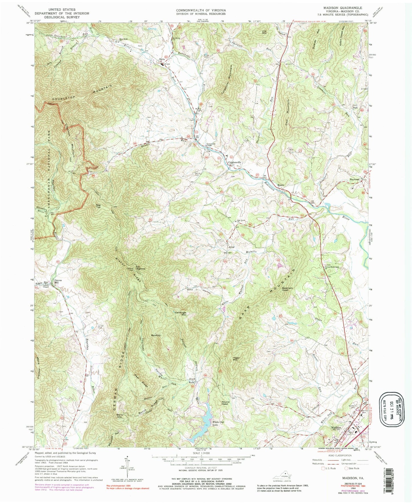 Classic USGS Madison Virginia 7.5'x7.5' Topo Map Image
