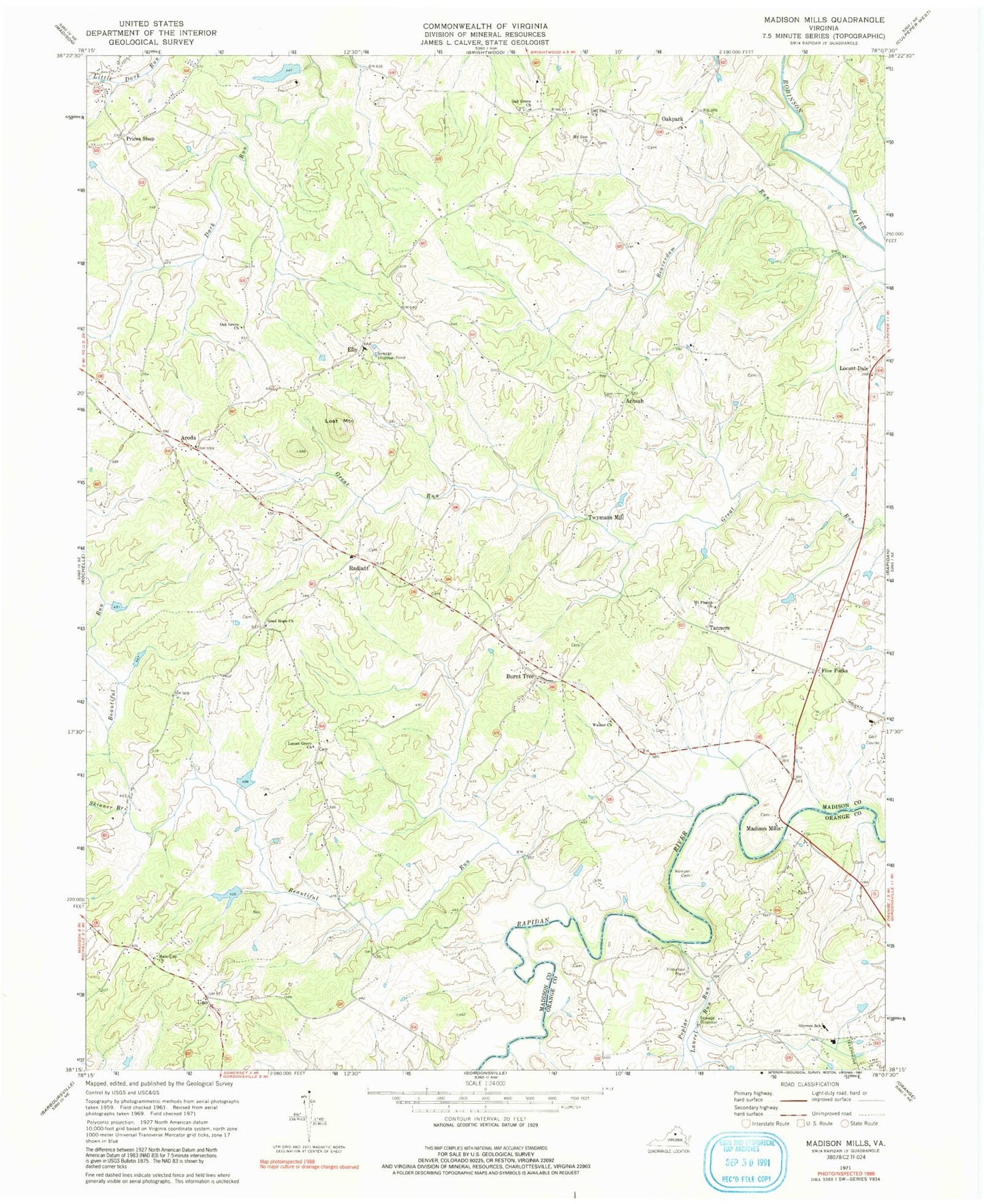 Classic USGS Madison Mills Virginia 7.5'x7.5' Topo Map Image