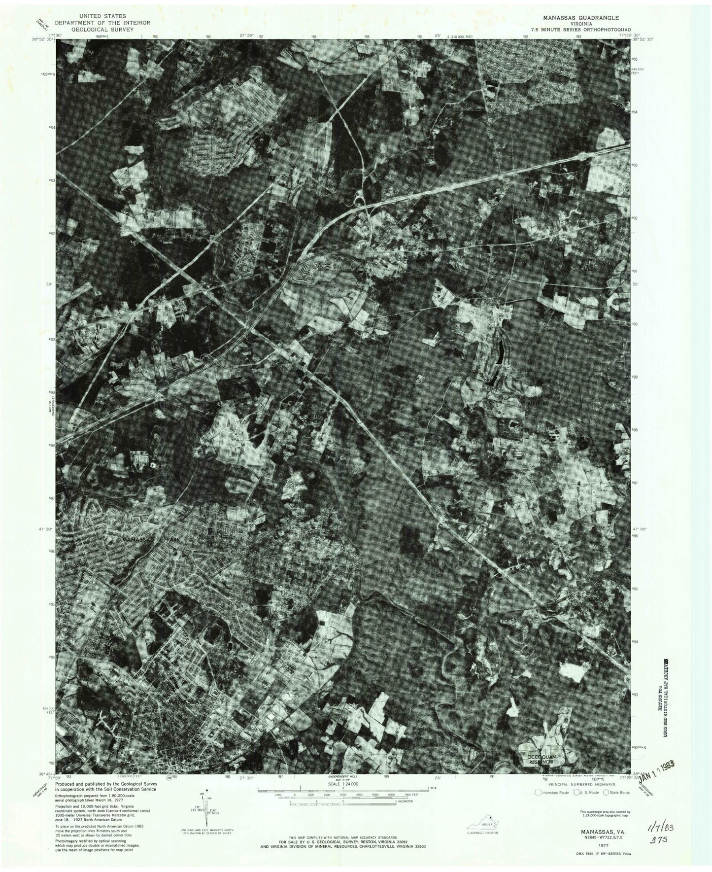 Classic USGS Manassas Virginia 7.5'x7.5' Topo Map Image