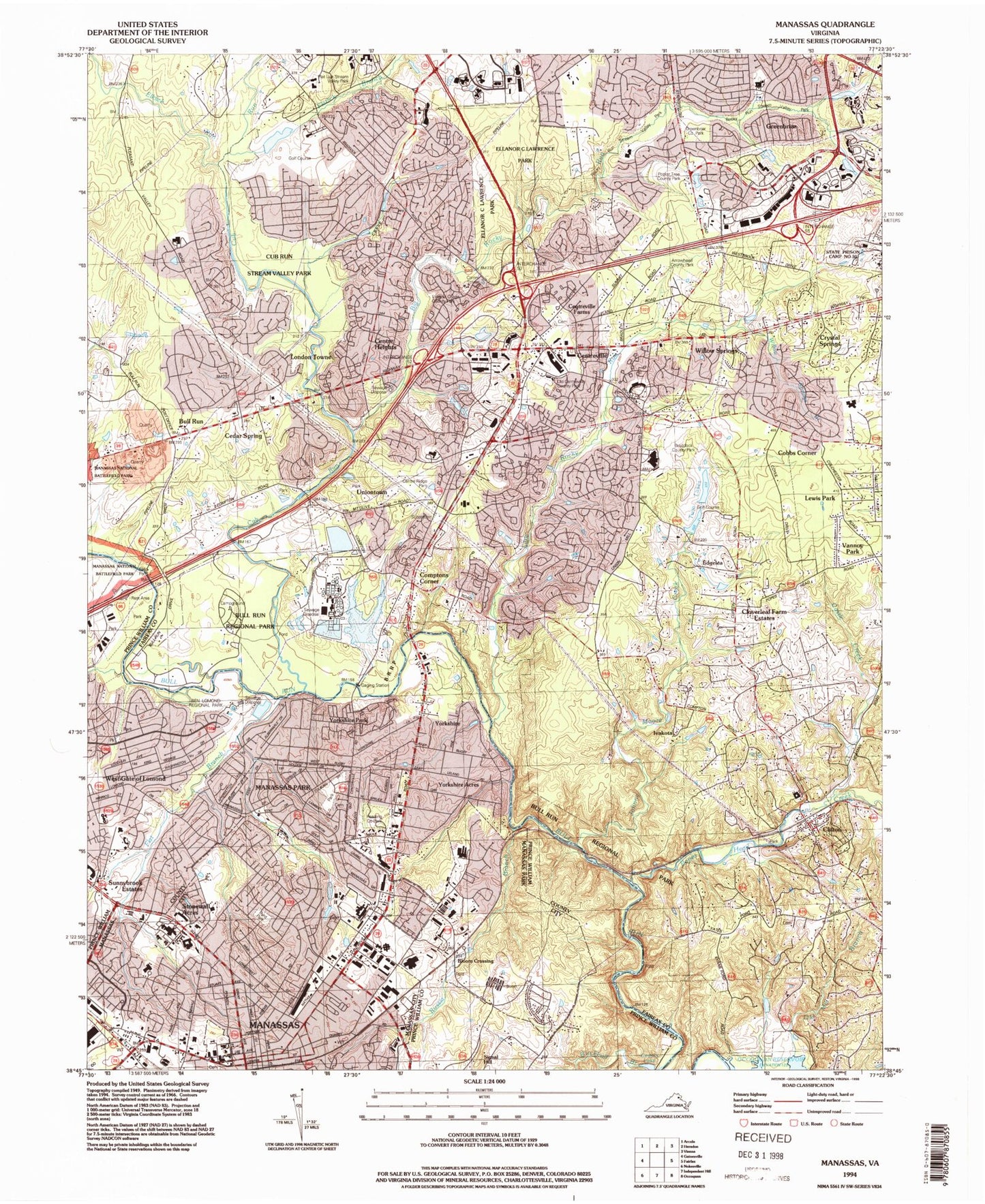 Classic USGS Manassas Virginia 7.5'x7.5' Topo Map Image