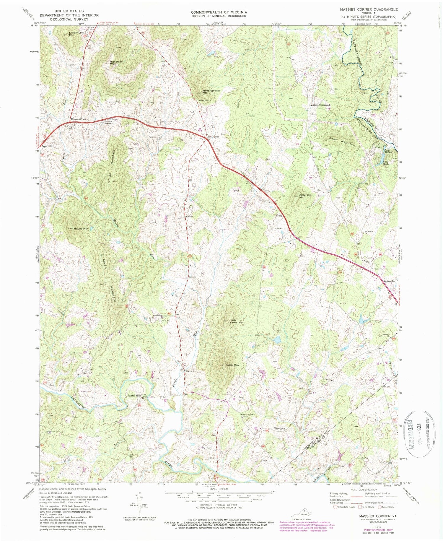 Classic USGS Massies Corner Virginia 7.5'x7.5' Topo Map Image