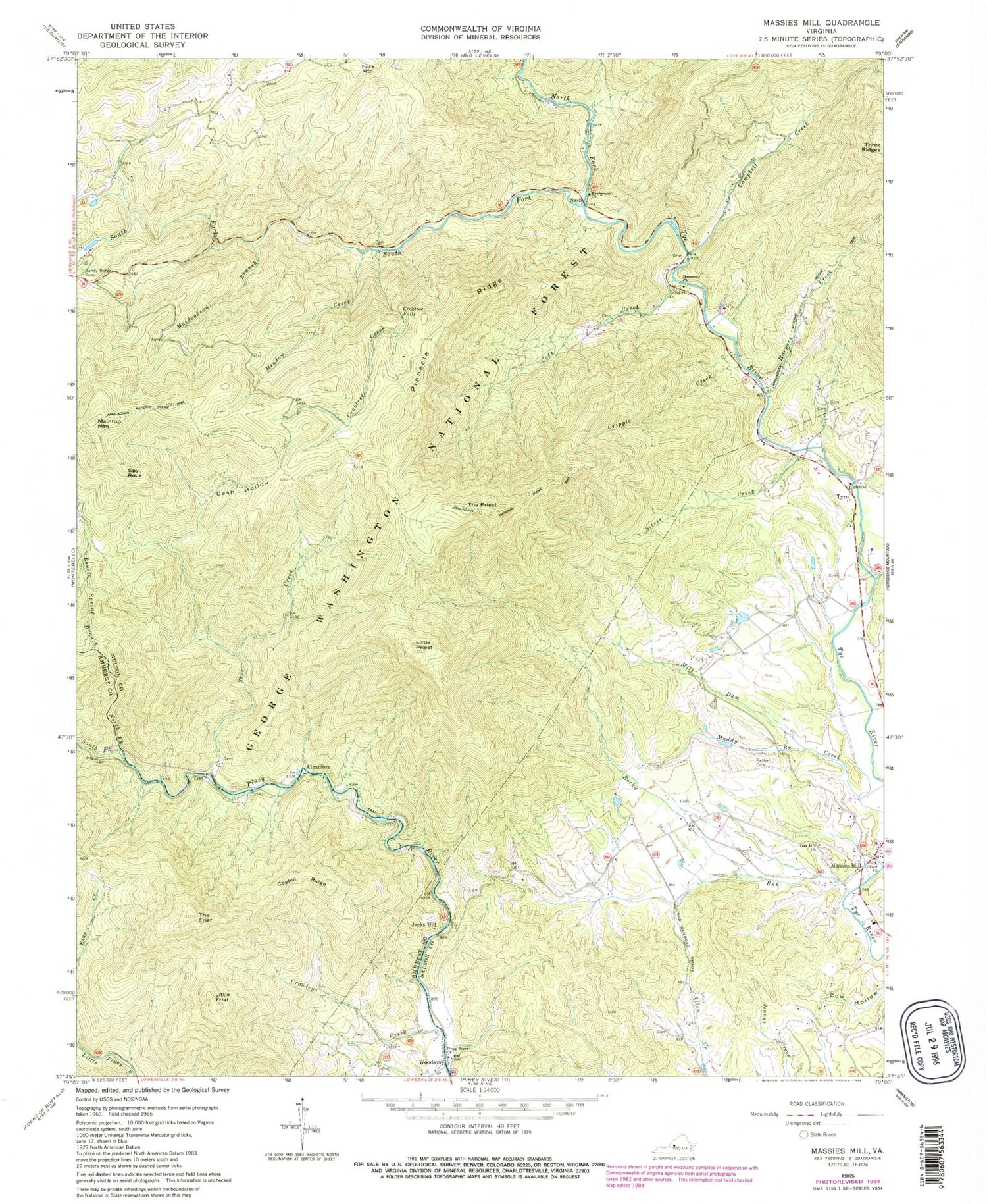 Classic USGS Massies Mill Virginia 7.5'x7.5' Topo Map Image
