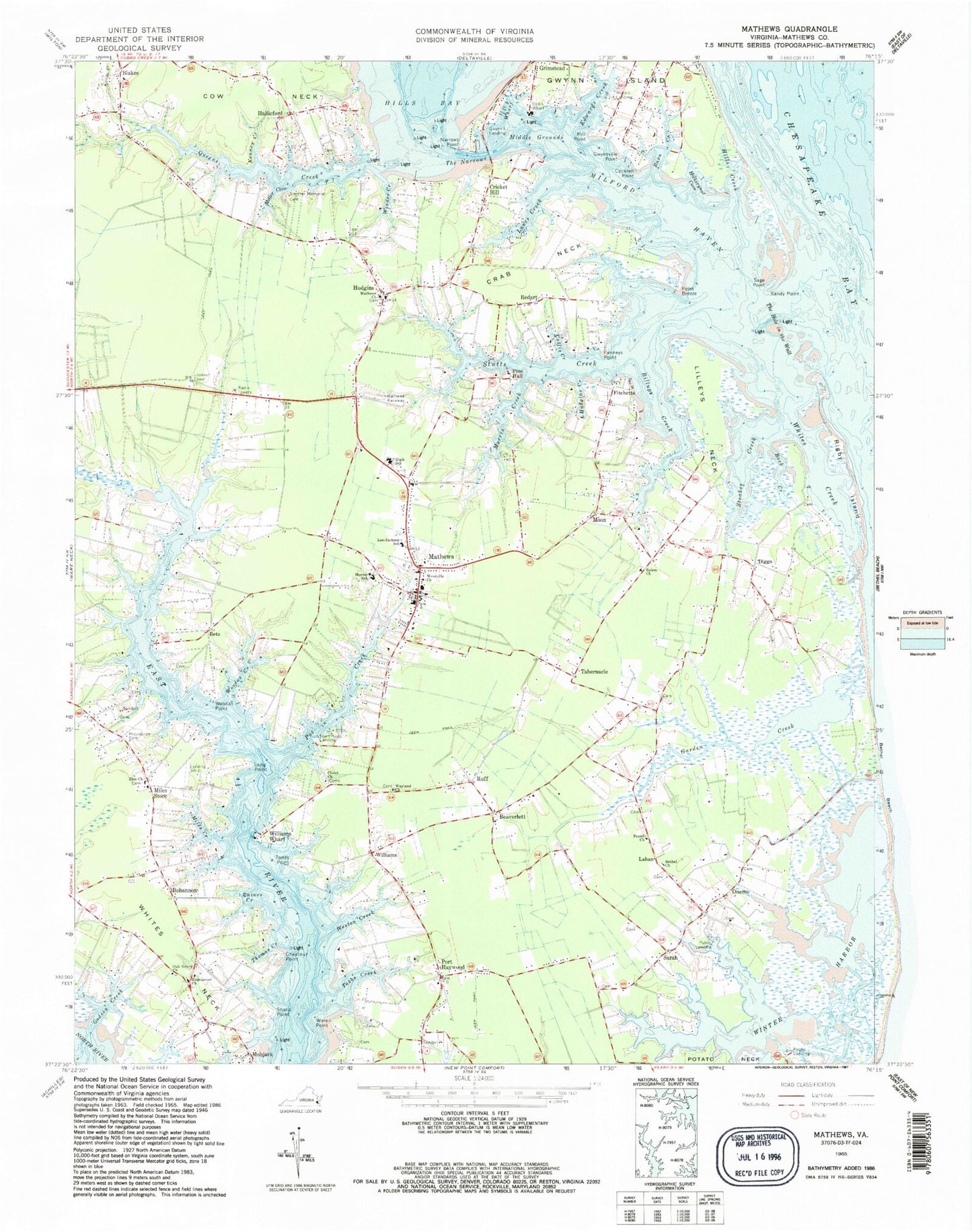 Classic USGS Mathews Virginia 7.5'x7.5' Topo Map Image