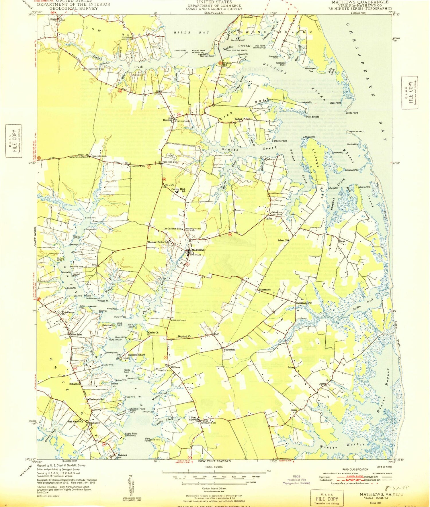 Classic USGS Mathews Virginia 7.5'x7.5' Topo Map Image