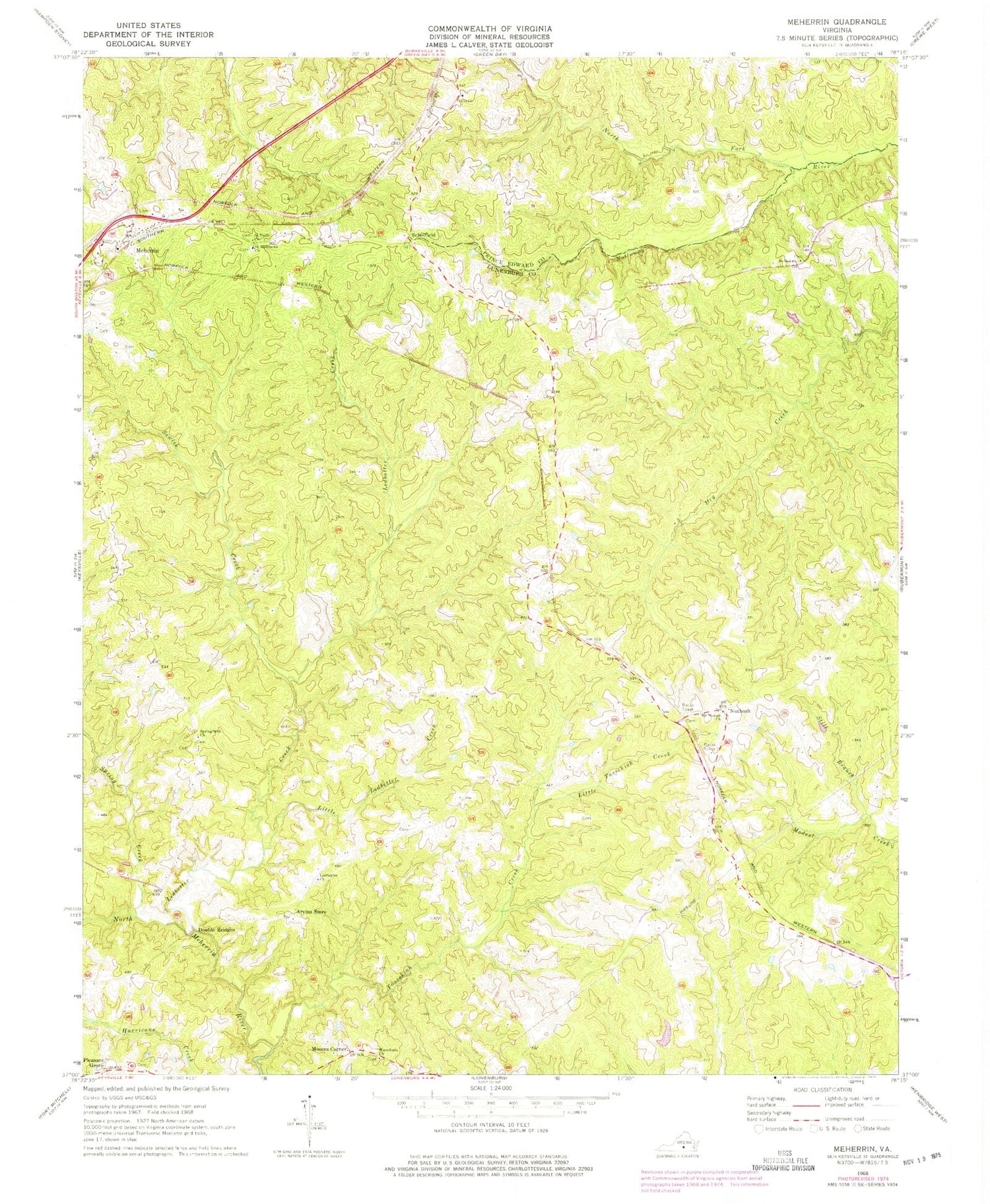 Classic USGS Meherrin Virginia 7.5'x7.5' Topo Map Image
