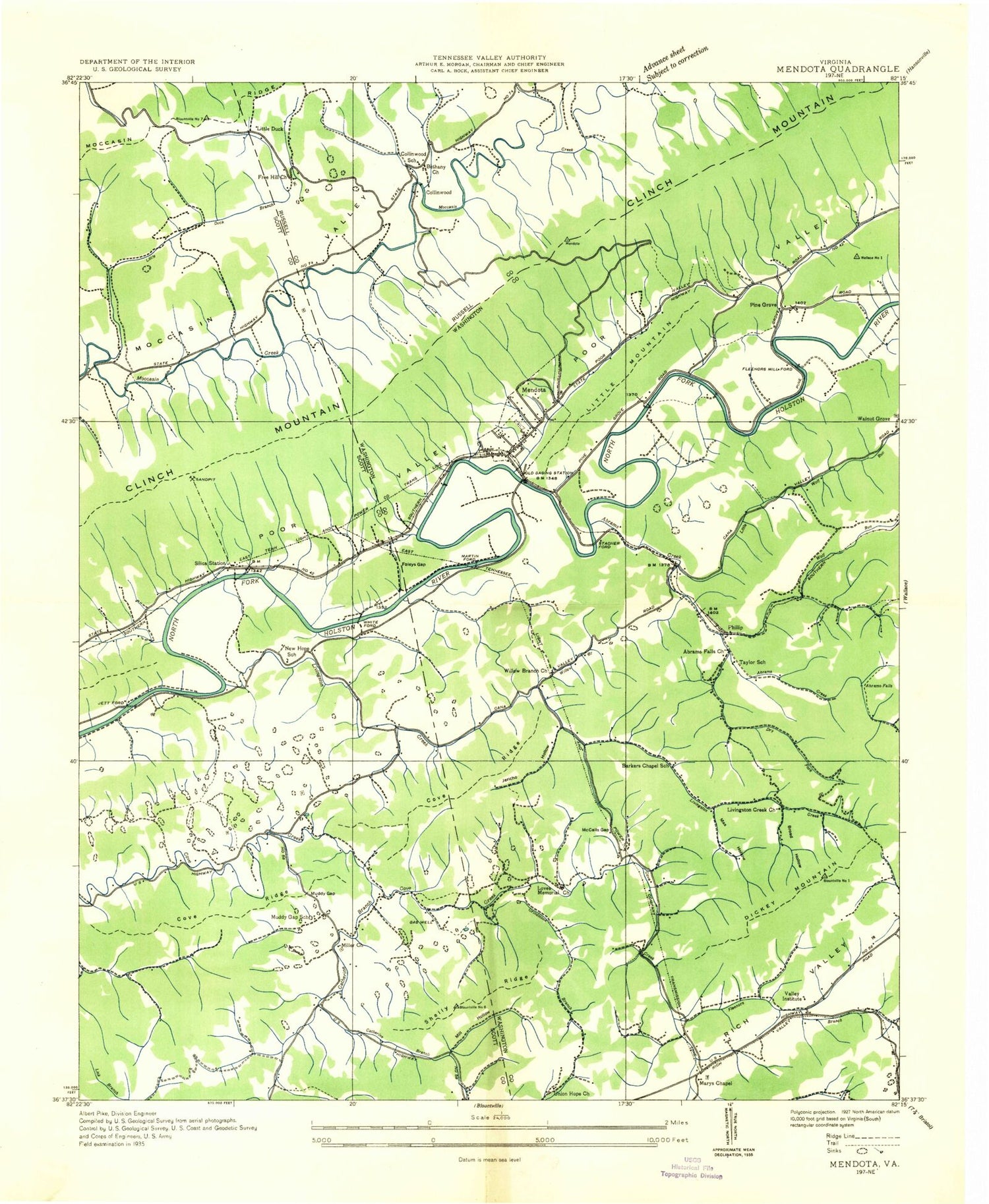Classic USGS Mendota Virginia 7.5'x7.5' Topo Map Image