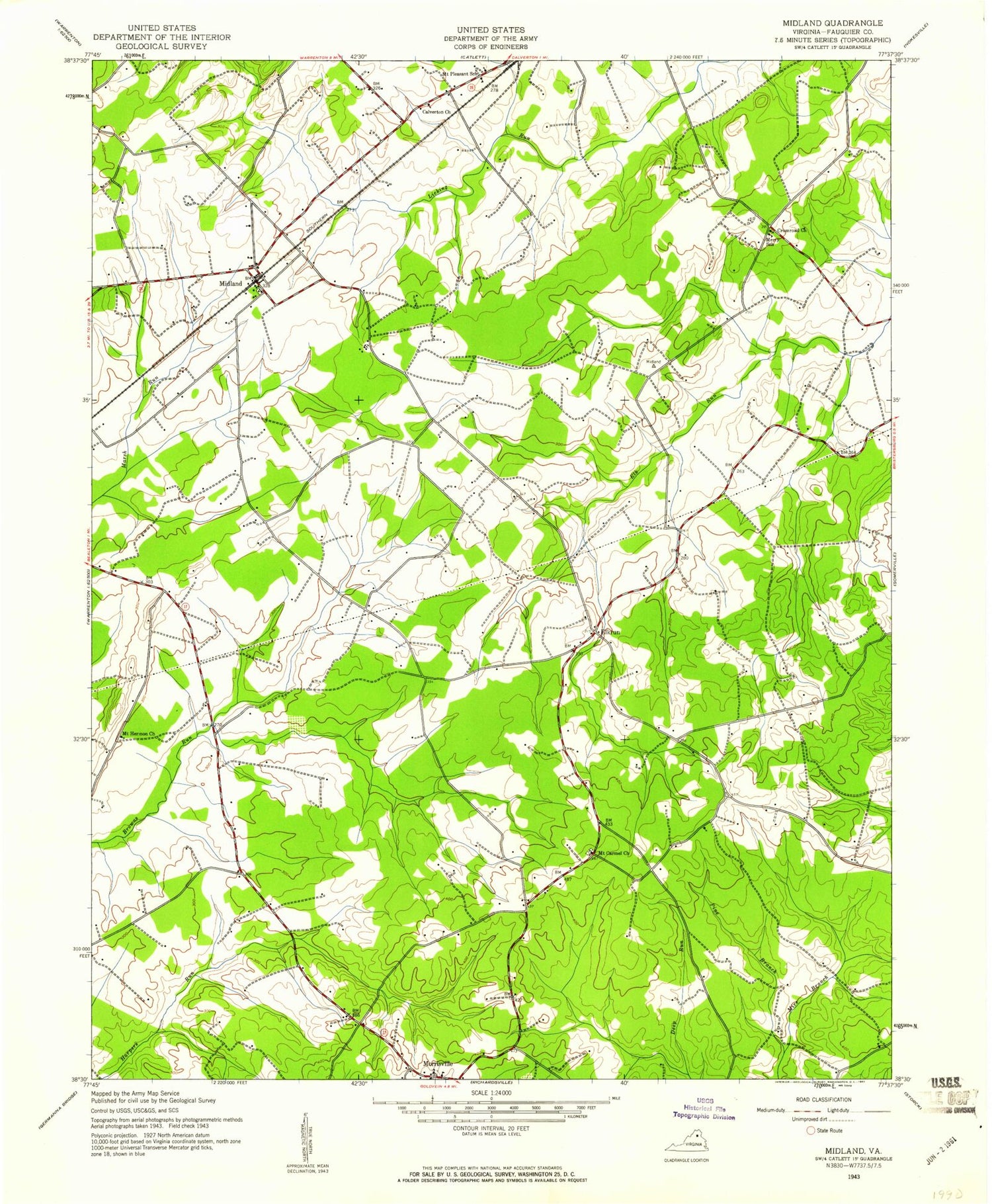 Classic USGS Midland Virginia 7.5'x7.5' Topo Map Image