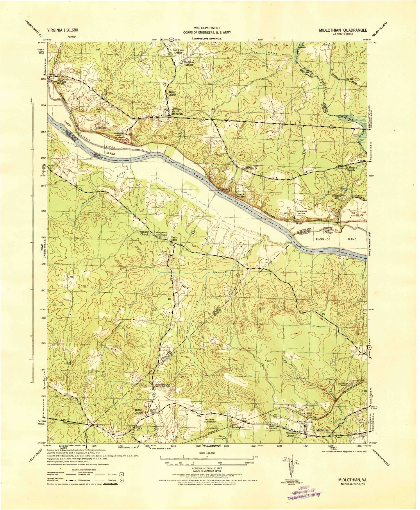 Classic USGS Midlothian Virginia 7.5'x7.5' Topo Map Image