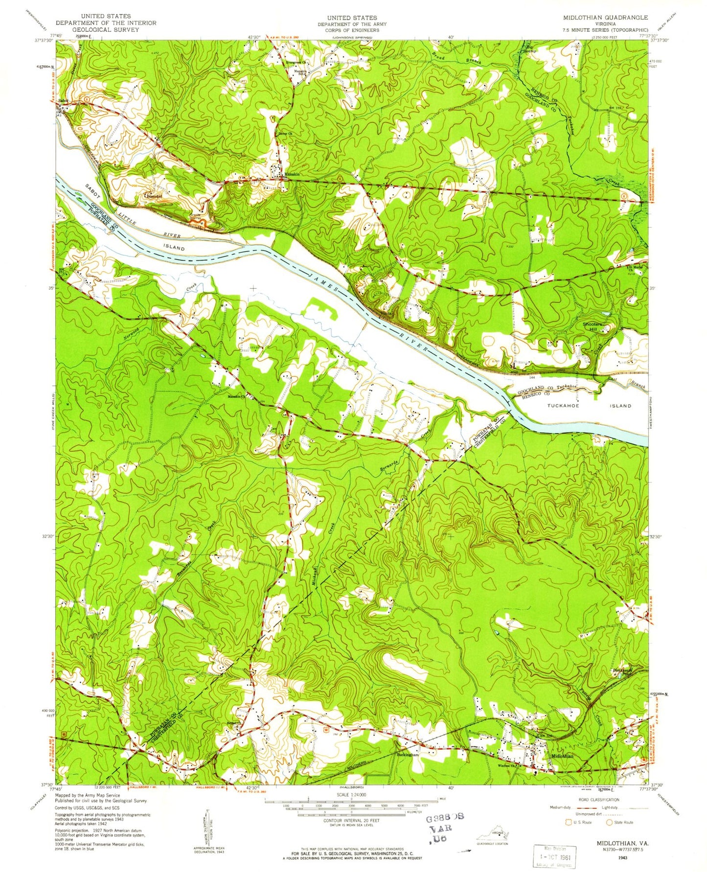 Classic USGS Midlothian Virginia 7.5'x7.5' Topo Map Image