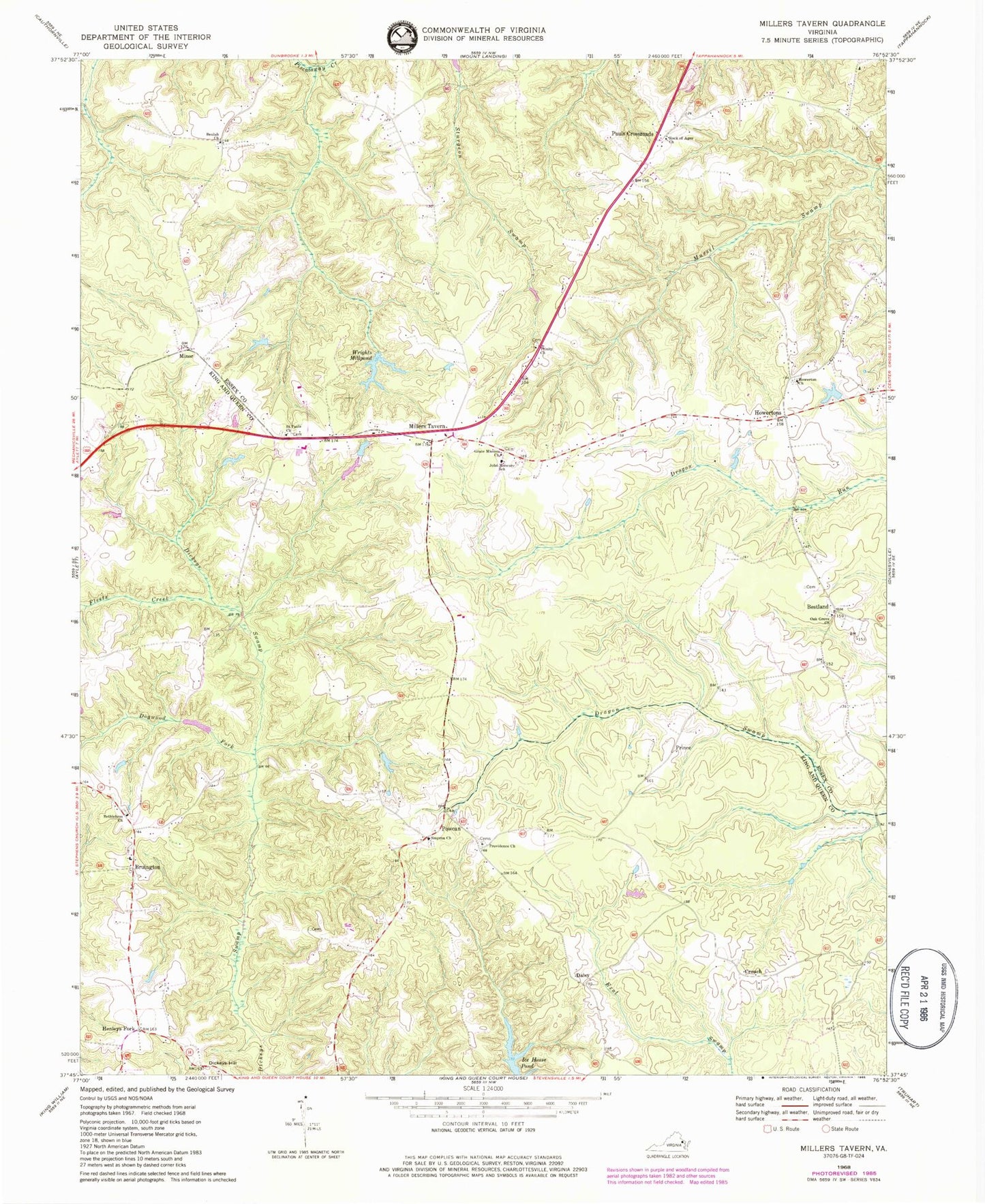 Classic USGS Millers Tavern Virginia 7.5'x7.5' Topo Map Image