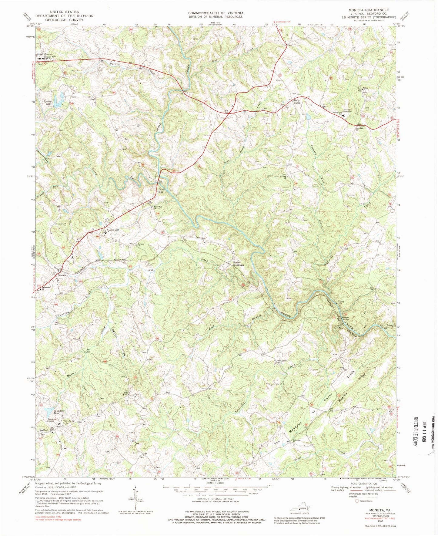 Classic USGS Moneta Virginia 7.5'x7.5' Topo Map Image