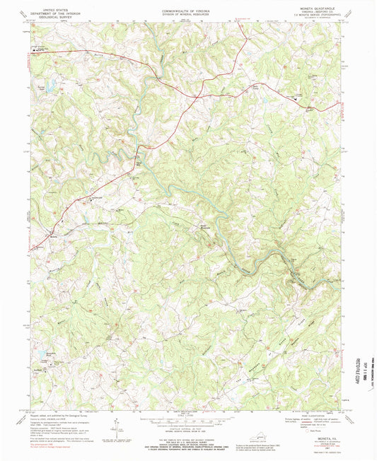 Classic USGS Moneta Virginia 7.5'x7.5' Topo Map Image