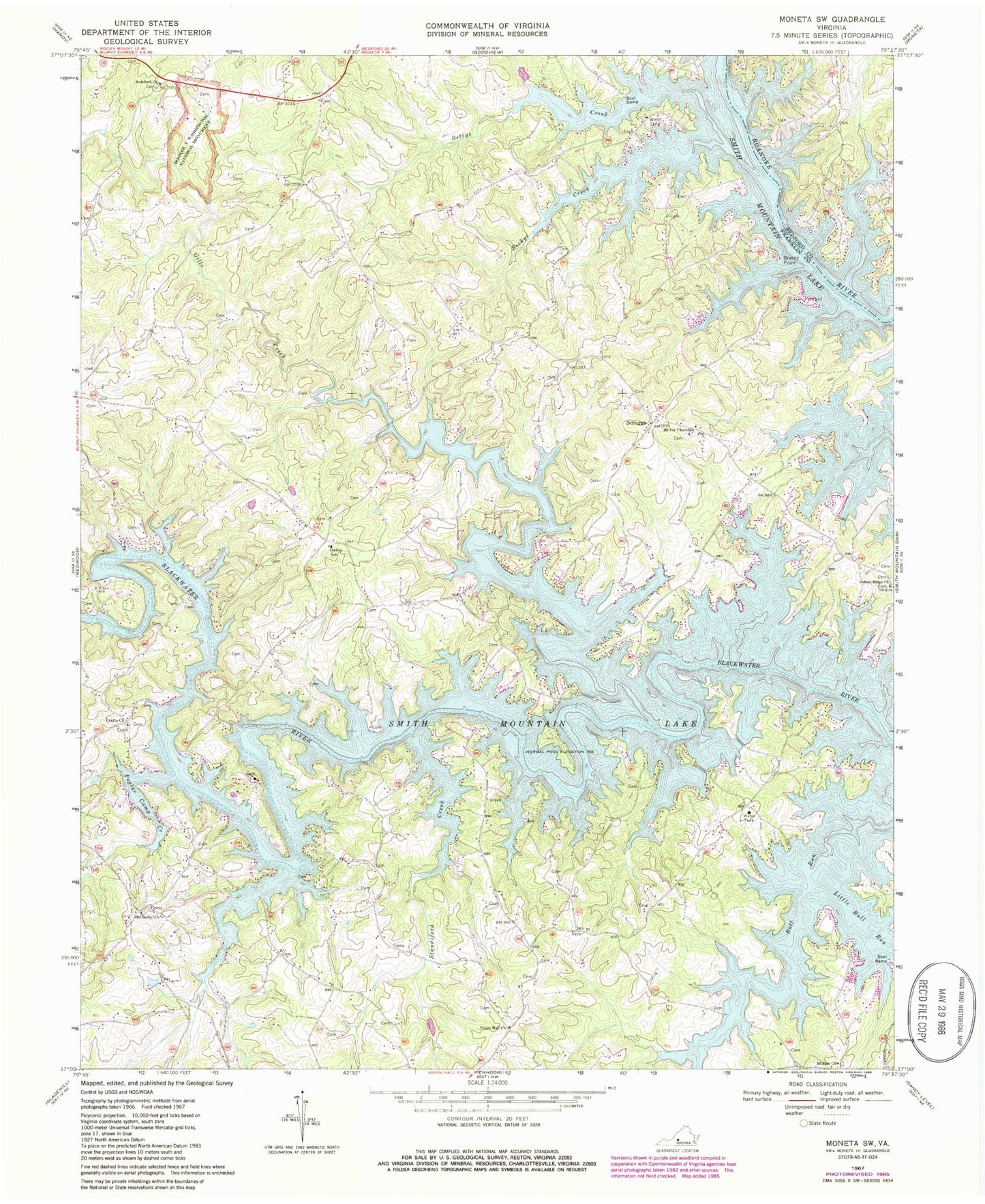 Classic USGS Moneta SW Virginia 7.5'x7.5' Topo Map Image