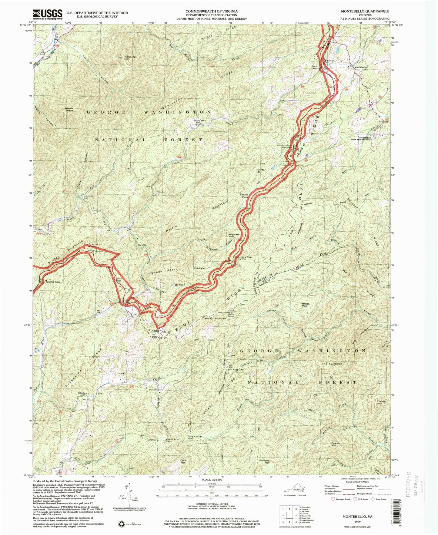 Classic USGS Montebello Virginia 7.5'x7.5' Topo Map Image