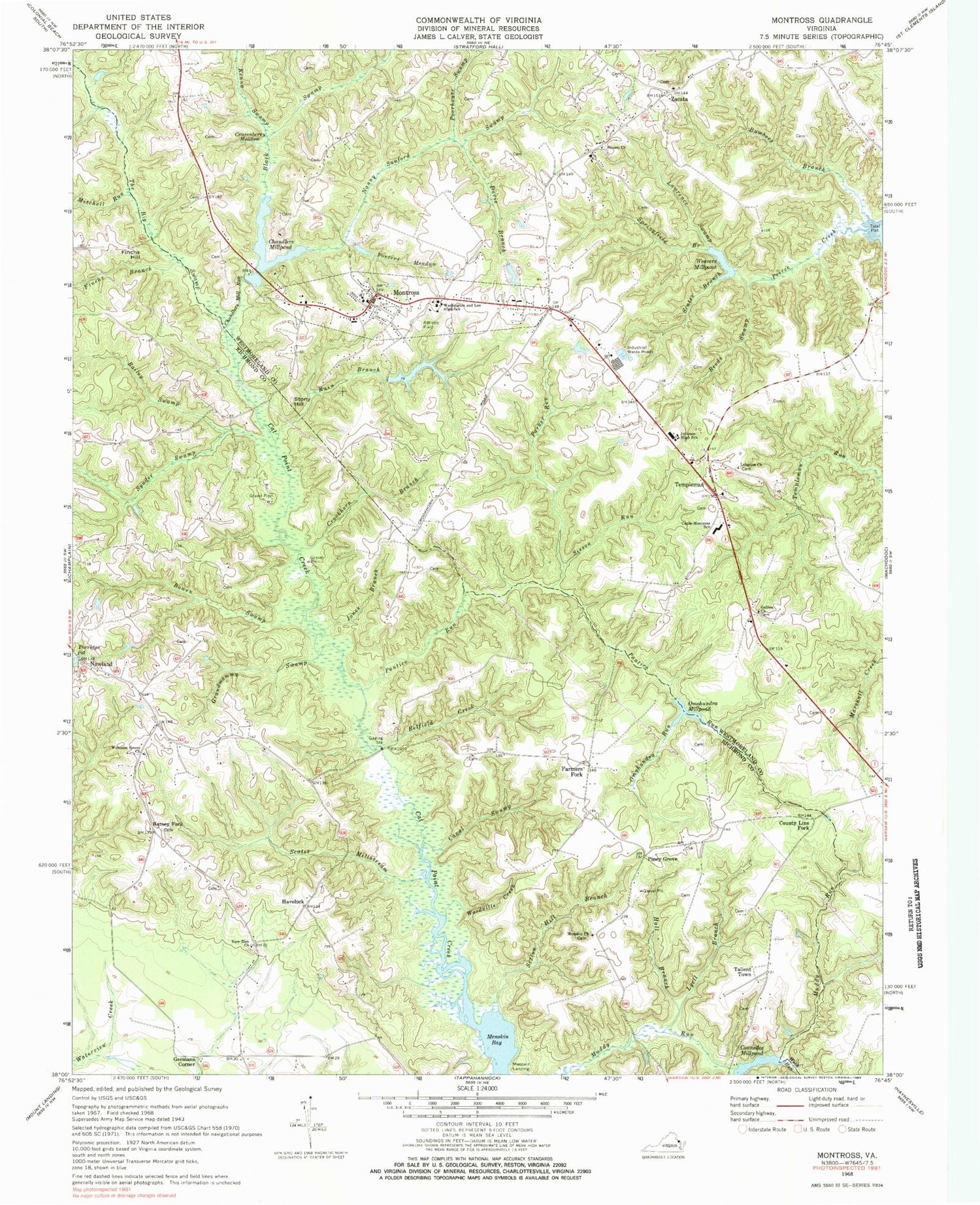 Classic USGS Montross Virginia 7.5'x7.5' Topo Map Image