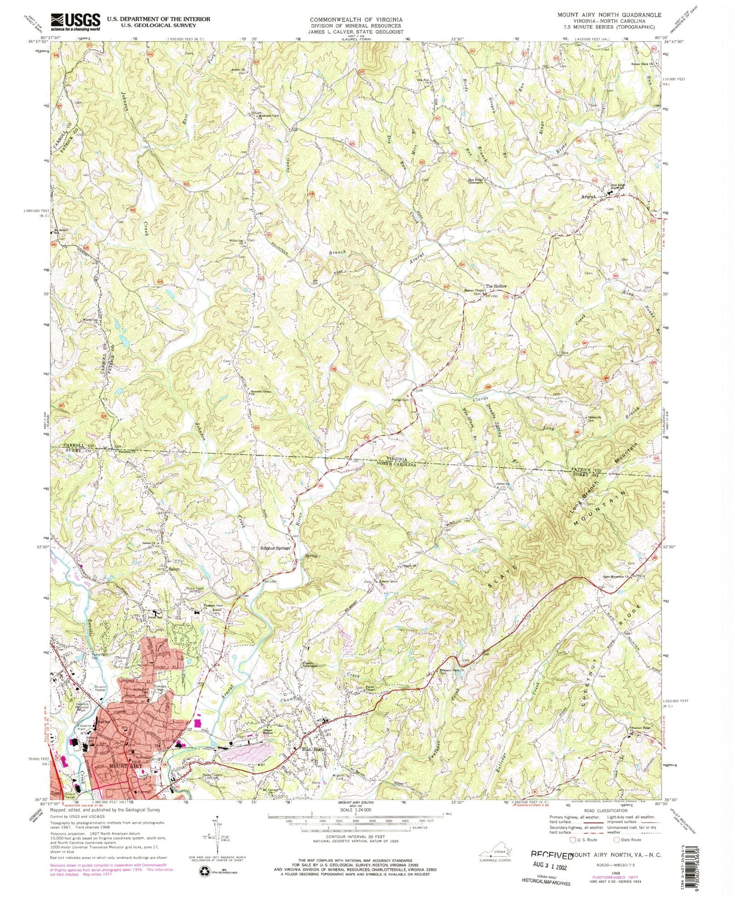 Classic USGS Mount Airy North North Carolina 7.5'x7.5' Topo Map Image