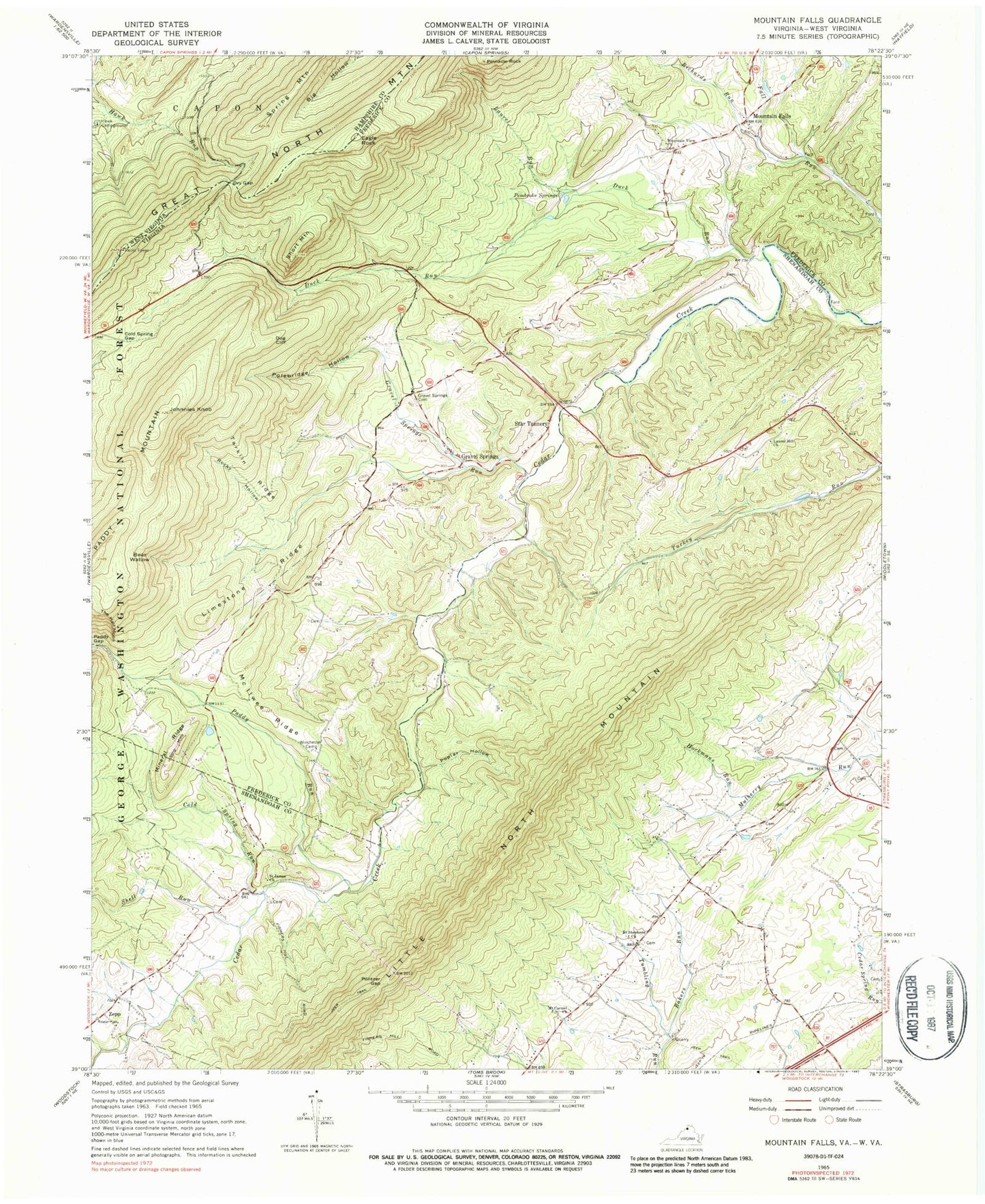 Classic USGS Mountain Falls Virginia 7.5'x7.5' Topo Map Image