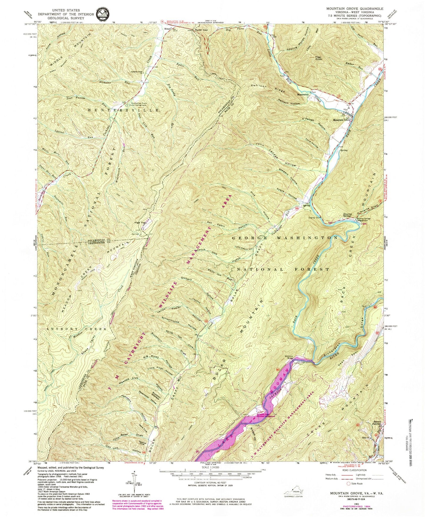 Classic USGS Mountain Grove Virginia 7.5'x7.5' Topo Map Image