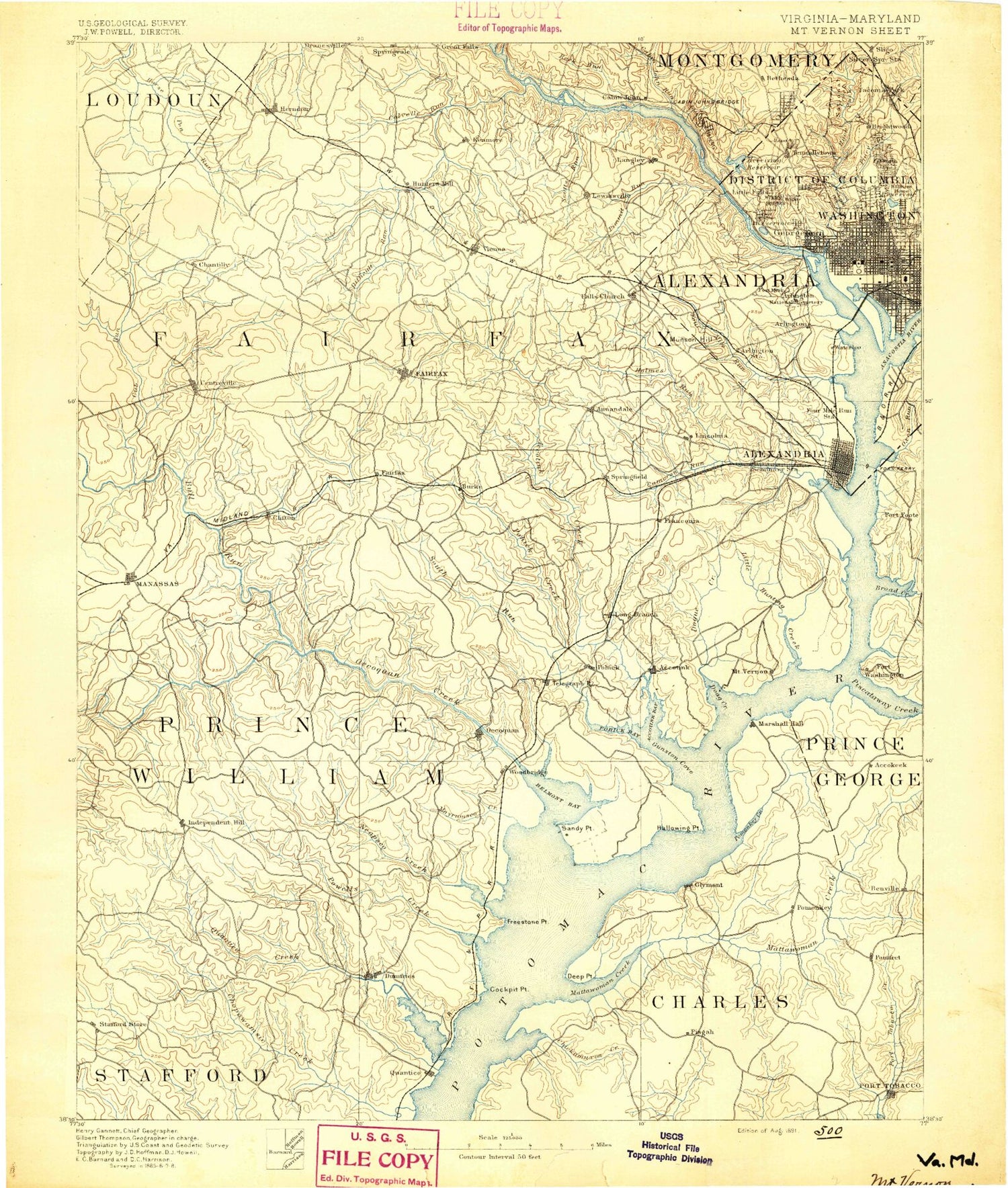 Historic 1891 Mount Vernon Virginia 30'x30' Topo Map Image