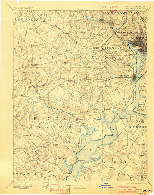 Historic 1897 Mount Vernon Virginia 30'x30' Topo Map Image