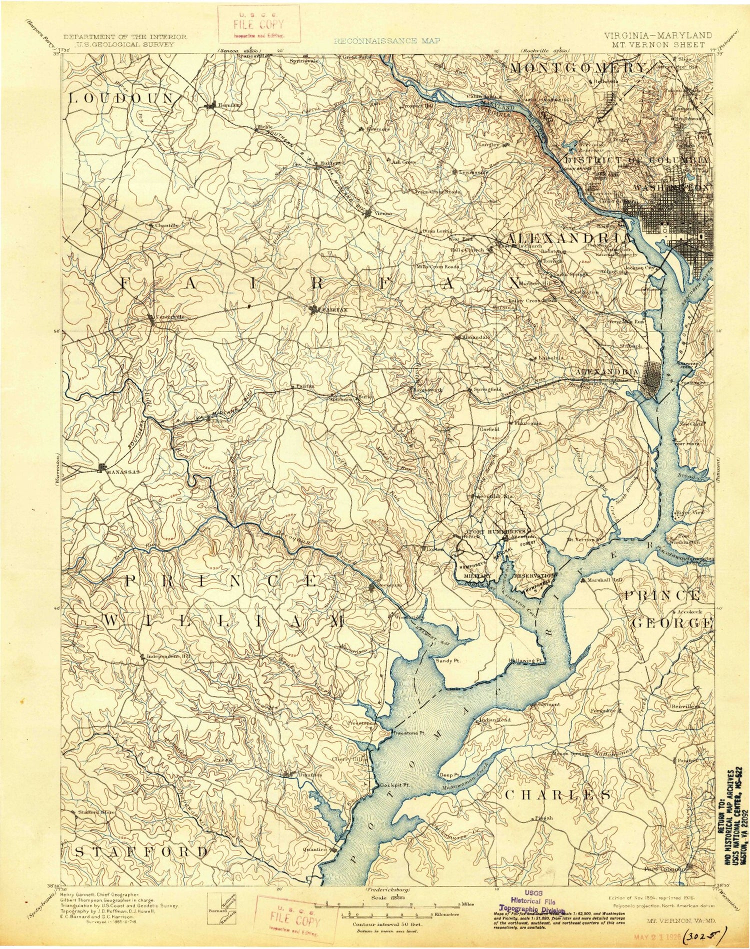 Historic 1894 Mount Vernon Virginia 30'x30' Topo Map Image