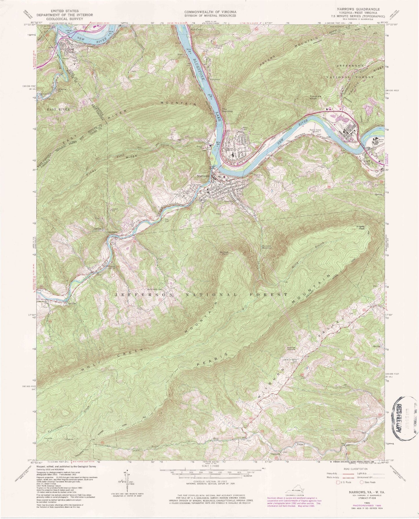 Classic USGS Narrows Virginia 7.5'x7.5' Topo Map Image