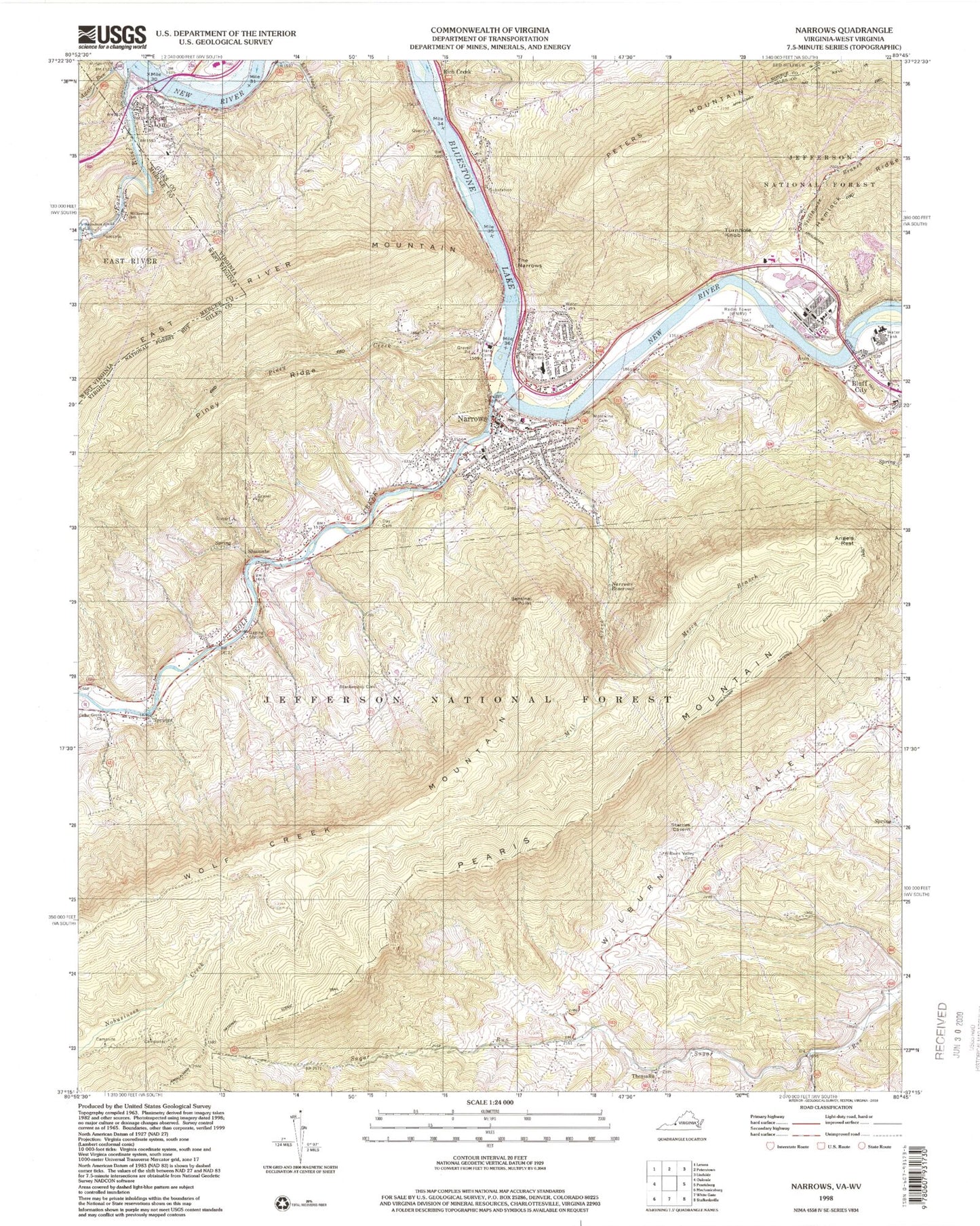 Classic USGS Narrows Virginia 7.5'x7.5' Topo Map Image