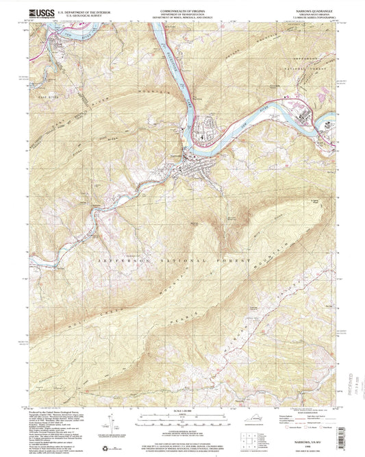 Classic USGS Narrows Virginia 7.5'x7.5' Topo Map Image