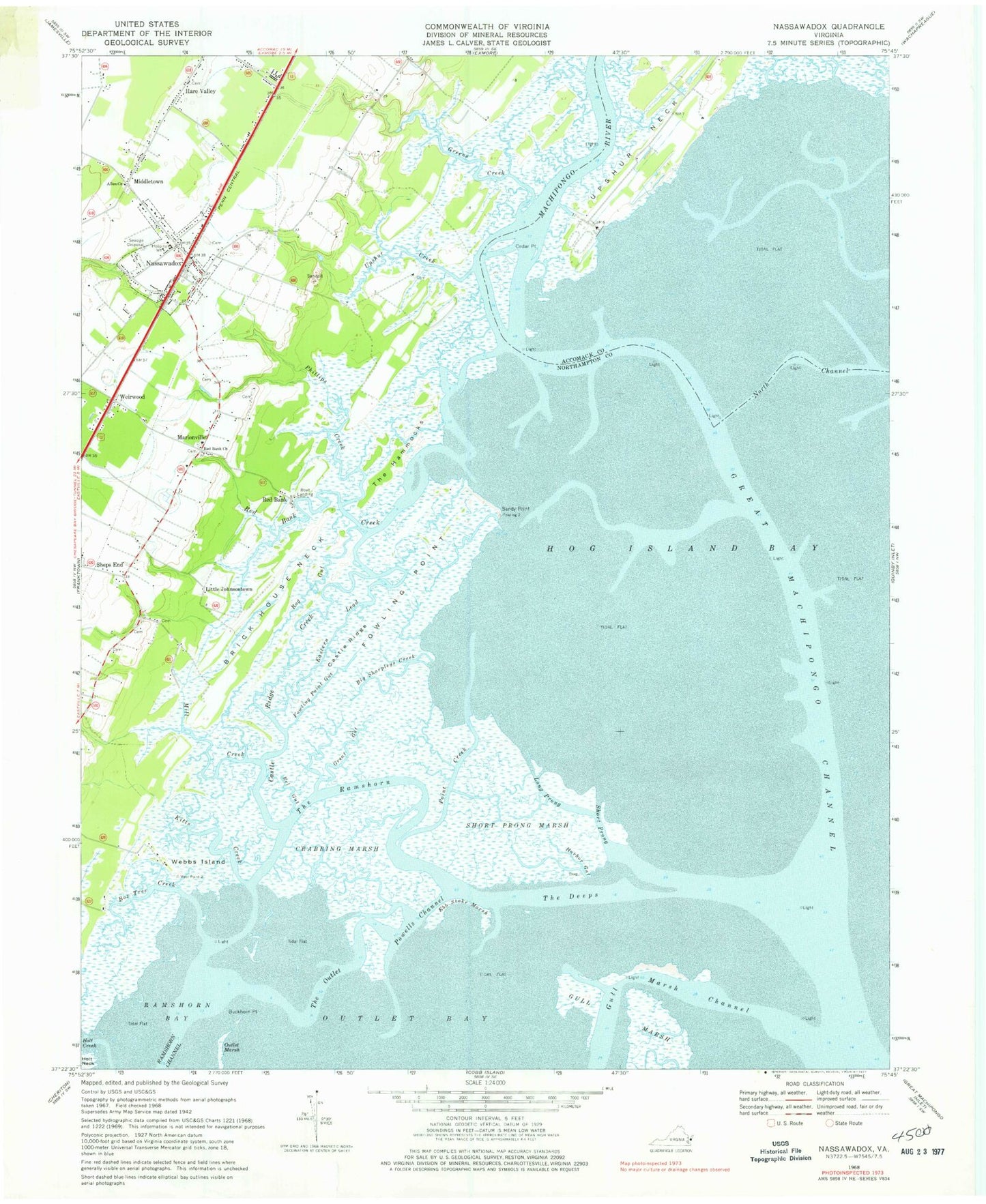 Classic USGS Nassawadox Virginia 7.5'x7.5' Topo Map Image
