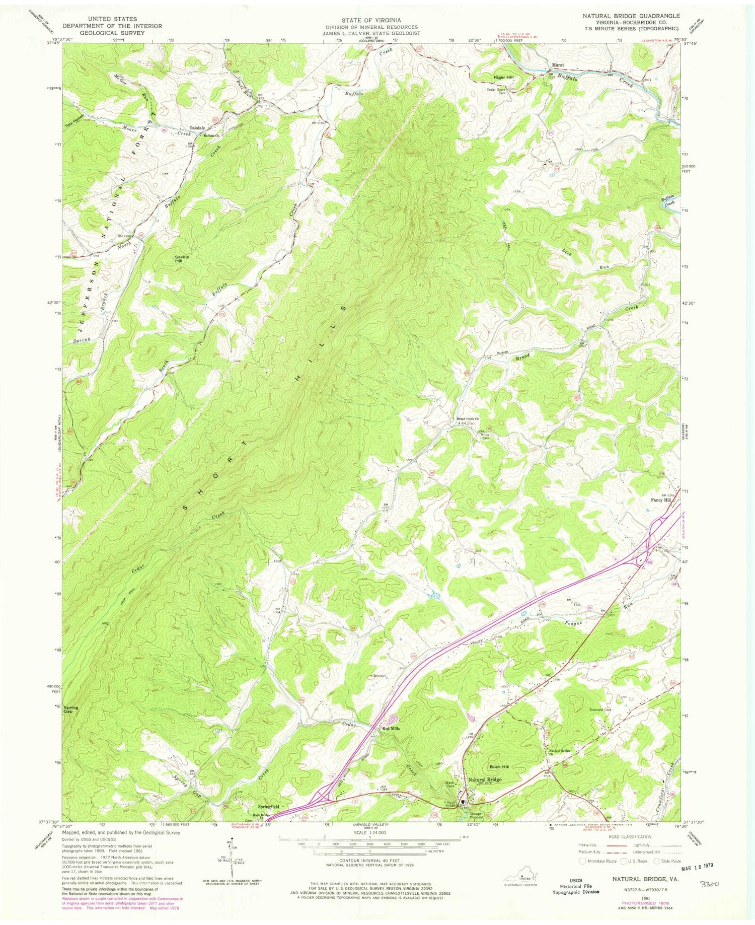 Classic USGS Natural Bridge Virginia 7.5'x7.5' Topo Map Image