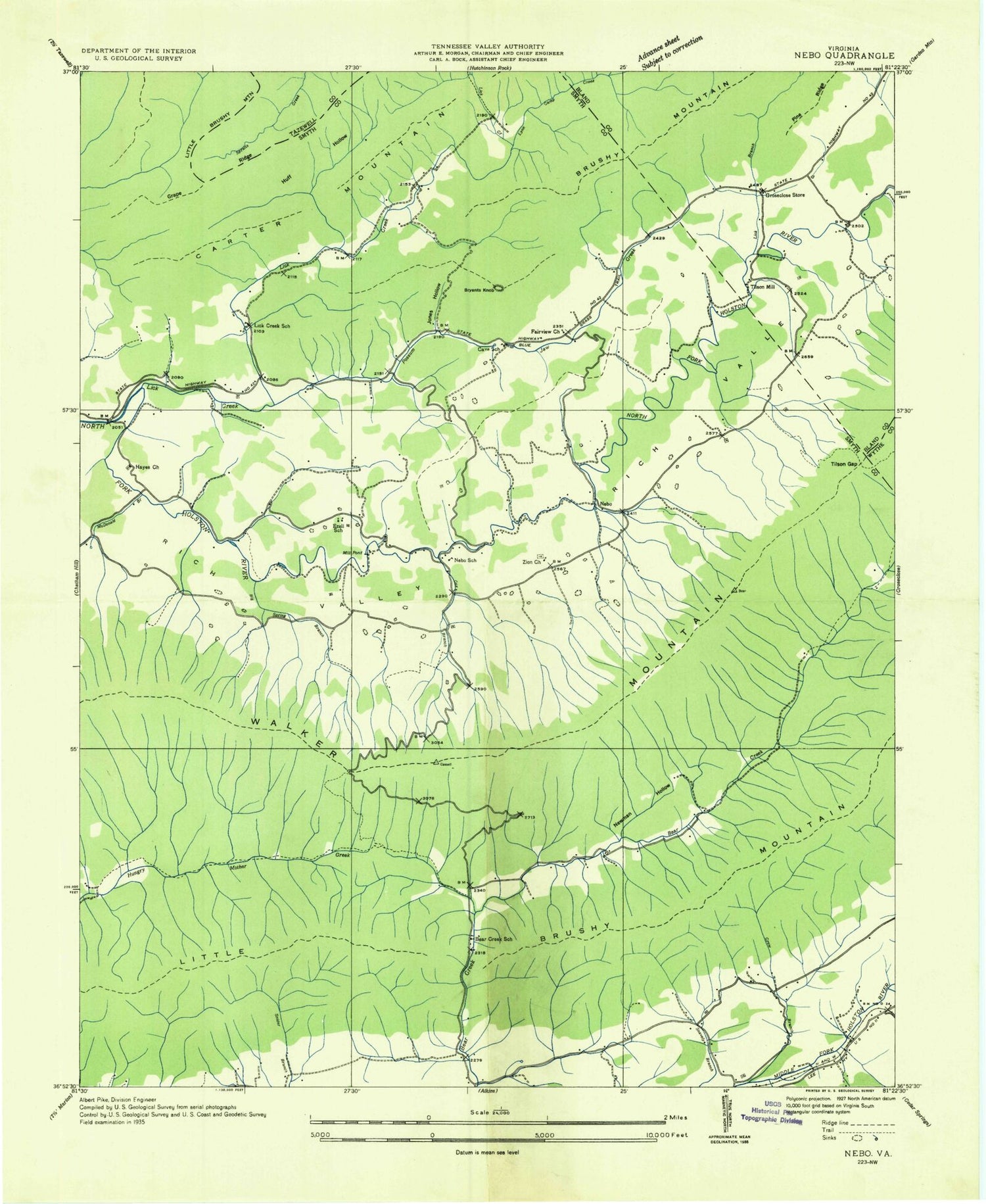Classic USGS Nebo Virginia 7.5'x7.5' Topo Map Image